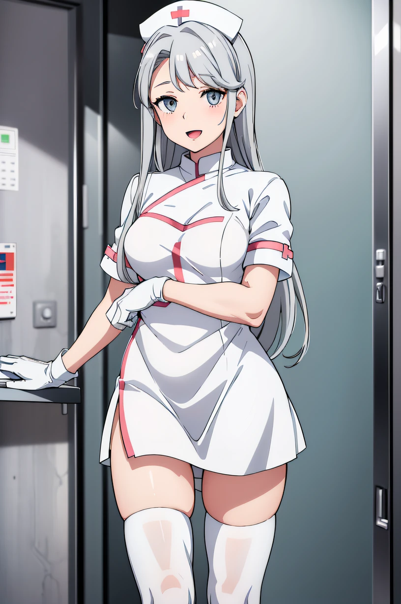 sagiri, grey hair, grey eyes, solo, Nurse, ((White nurse cap, White nurse uniform)), ((White legwear, zettai ryouiki)), White Gloves, Smile, Open mouth, Standing, ((Hospital room)), sharp outline, Short sleeves, Best Quality, masutepiece