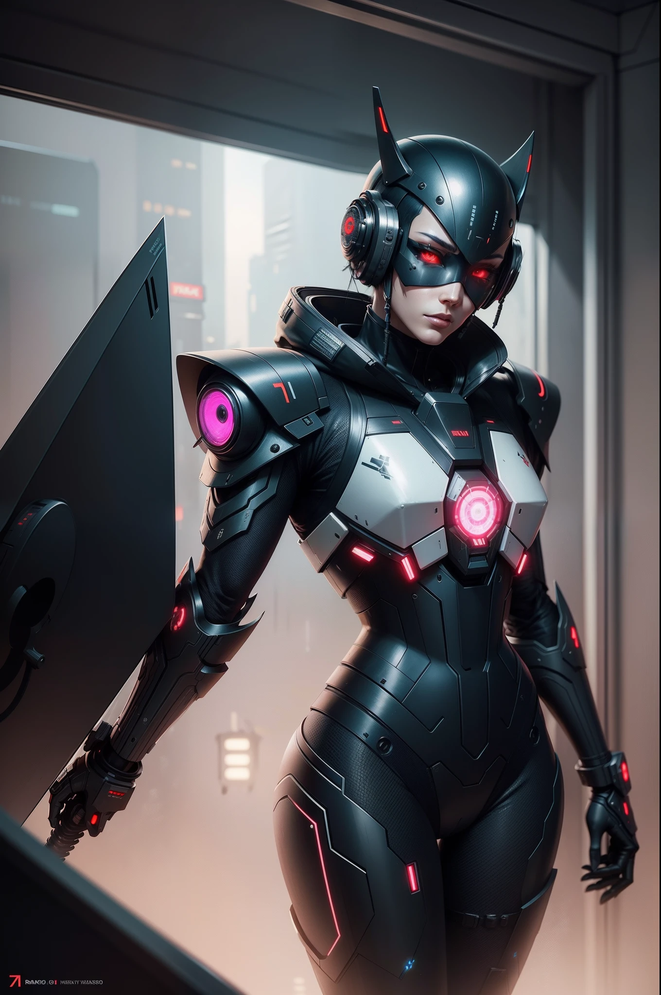 Futuristic face with sword also robomask robo suit,, Cyberpunk Art by L. Ji, cgsociety, retrofuturism, Futuristic, future technology, scientific fiction,Illustration from the 70s