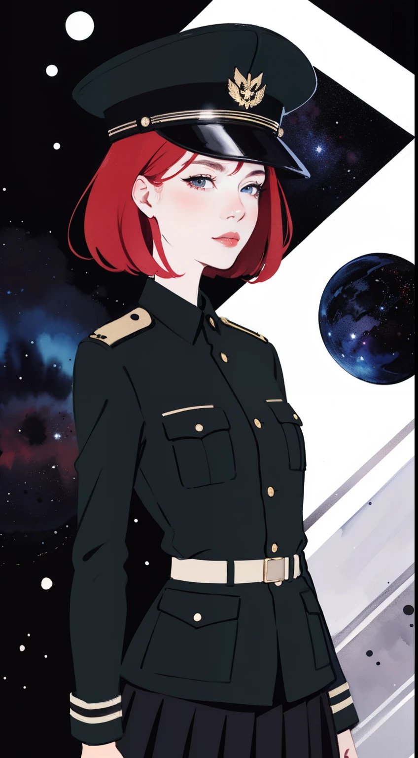 (masterpiece:1.2, best quality), 1girl, , redhead, (black military outfit), pleated skirt, military hat, space cadet, dark space background, futuristic, anime minimalist, watercolor