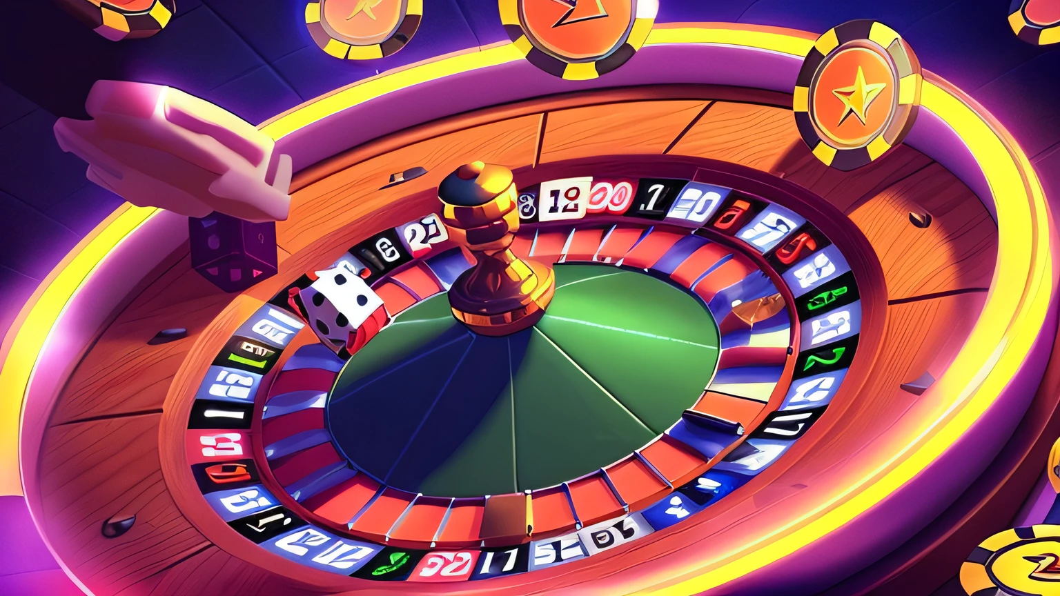 um roule de cassino com dados e fichas de jogo na mesa, online casino logo, jogo, cassino, cassino interno, exploitable image, 🕹️ 😎 🔫 🤖 🚬, Dentro de um cassino, cassino futurista, roda, Estilizado, stylised illustration, muito estilizado, gambles like no one, Foto de capa, Mobile Game