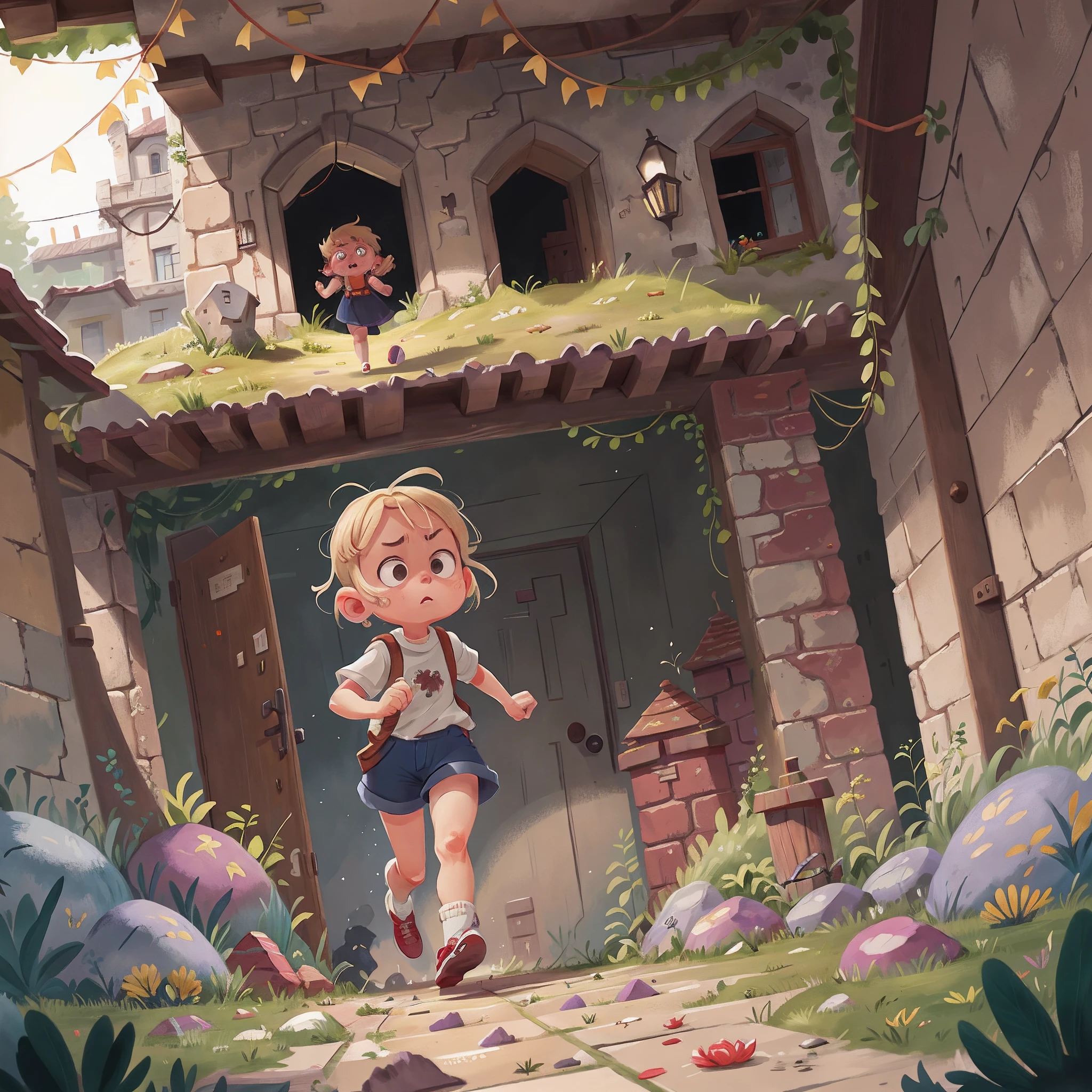Watercolour. Blonde girl, serious, scared, running in fear, view from the back, looking down, full body, the background is a dungeon of an ancient castle, all stone, dark, perfect quality, (mess-house: 0.8), (masterpiece: 1.2) (Realistic: 1.2) (Bokeh) (Best quality) (Detailed Skin: 1.3) (Intricate Details) (8K) (Detail Eyes) (Sharp Focus), (Unhappy)