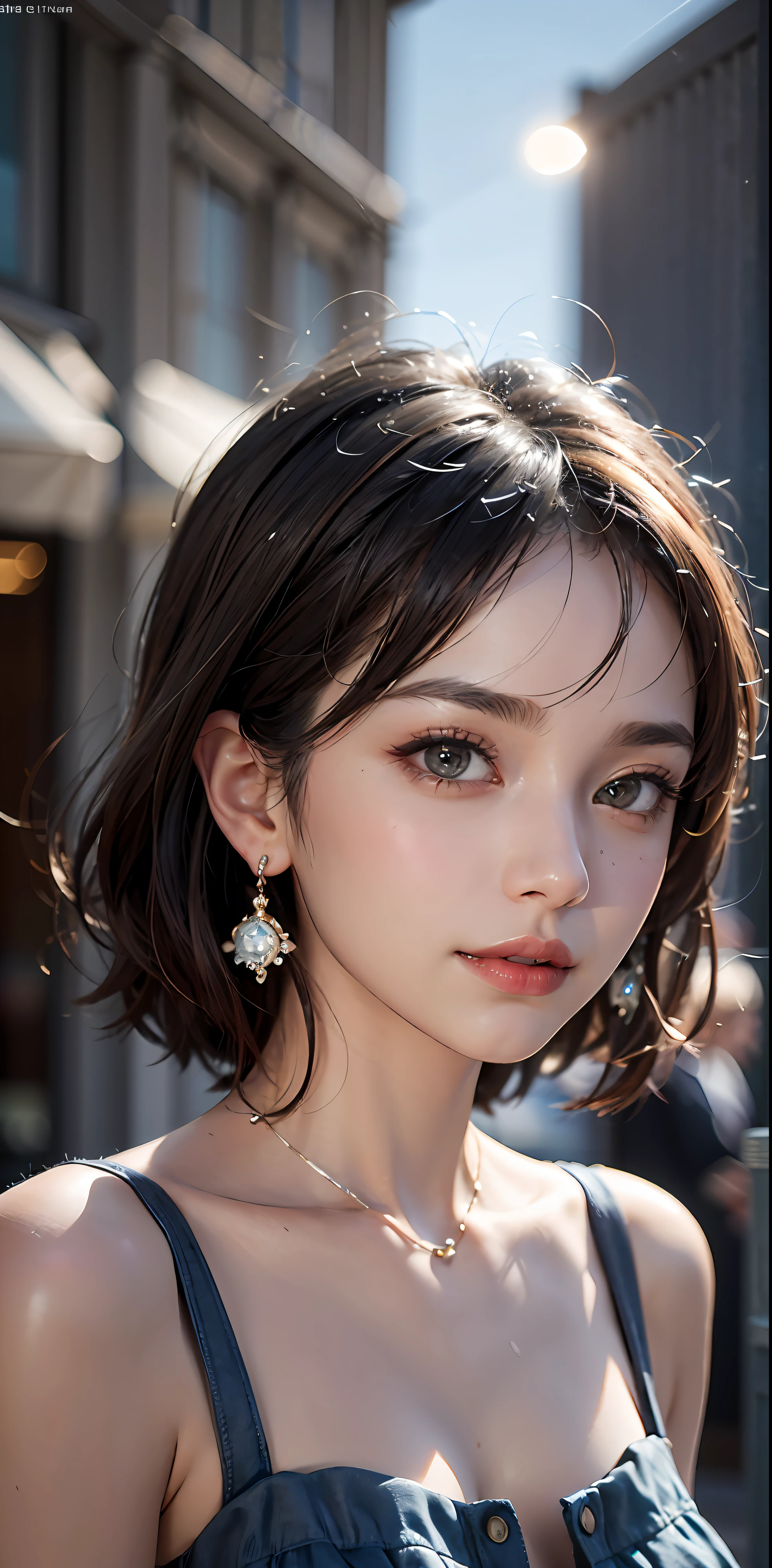 (8k, RAW photos, super high quality, super detailed CG Unity 8k wallpaper, masterpiece: 1.2), one girl, 3D, The depth of field in the photo was perfect, and the lens flare added a nice touch.looking at the viewer with affectionately,smile,super beautiful detailed eyes, accurate shiny iris depiction, pupils are black and abyss, water-based humor shine, ultra-detailed eyelashes, Very slightly black-rimmed iris,beautiful hair ultra-detailed hairs,precise shading of hair, Delicate hair tips,professional make-up,ultra-detailed lip,Accurately depicted lip wrinkles,Beautiful glossy lips,wearing small jewelry earrings, short hair, (Slightly sweaty skin:0.8),blue sleeveless clothing, the precision of the shadows created on the clothes, chiaroscuro, realistic, fashionable Cafe terrace with many antique accessories ,Nearby fountain