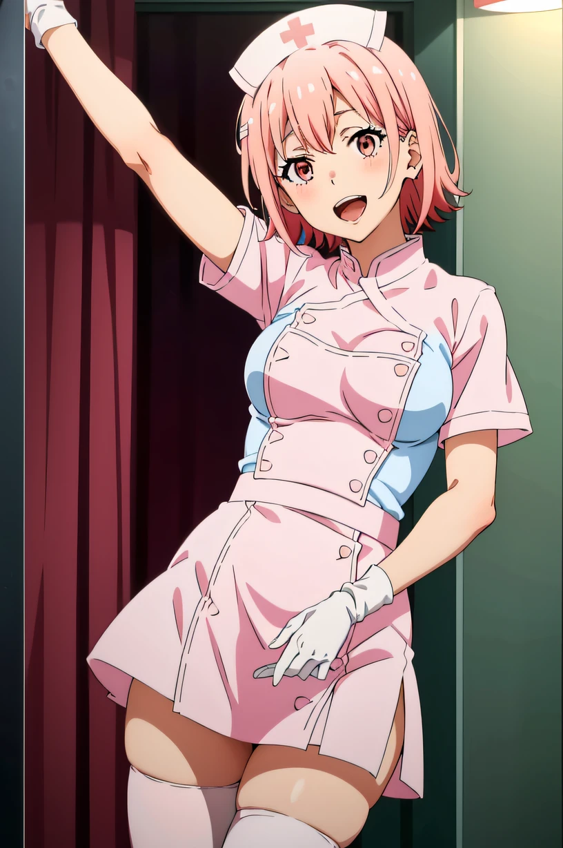 yui, pink hair, short hair, side hair bun, pink eyes, solo, Nurse, ((White nurse cap, White nurse uniform)), ((White legwear, zettai ryouiki)), White Gloves, Smile, Open mouth, Standing, ((Hospital room)), sharp outline, Short sleeves, Best Quality, masutepiece