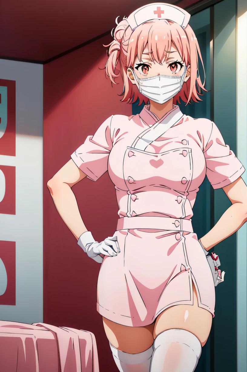 yui, pink hair, short hair, side hair bun, pink eyes, solo, Nurse, ((White nurse cap, White nurse uniform)), ((White legwear, zettai ryouiki)), White Gloves, ((White surgical mask, Cover the nose)), Standing, ((Hospital room)), sharp outline, Short sleeves, Best Quality, masutepiece