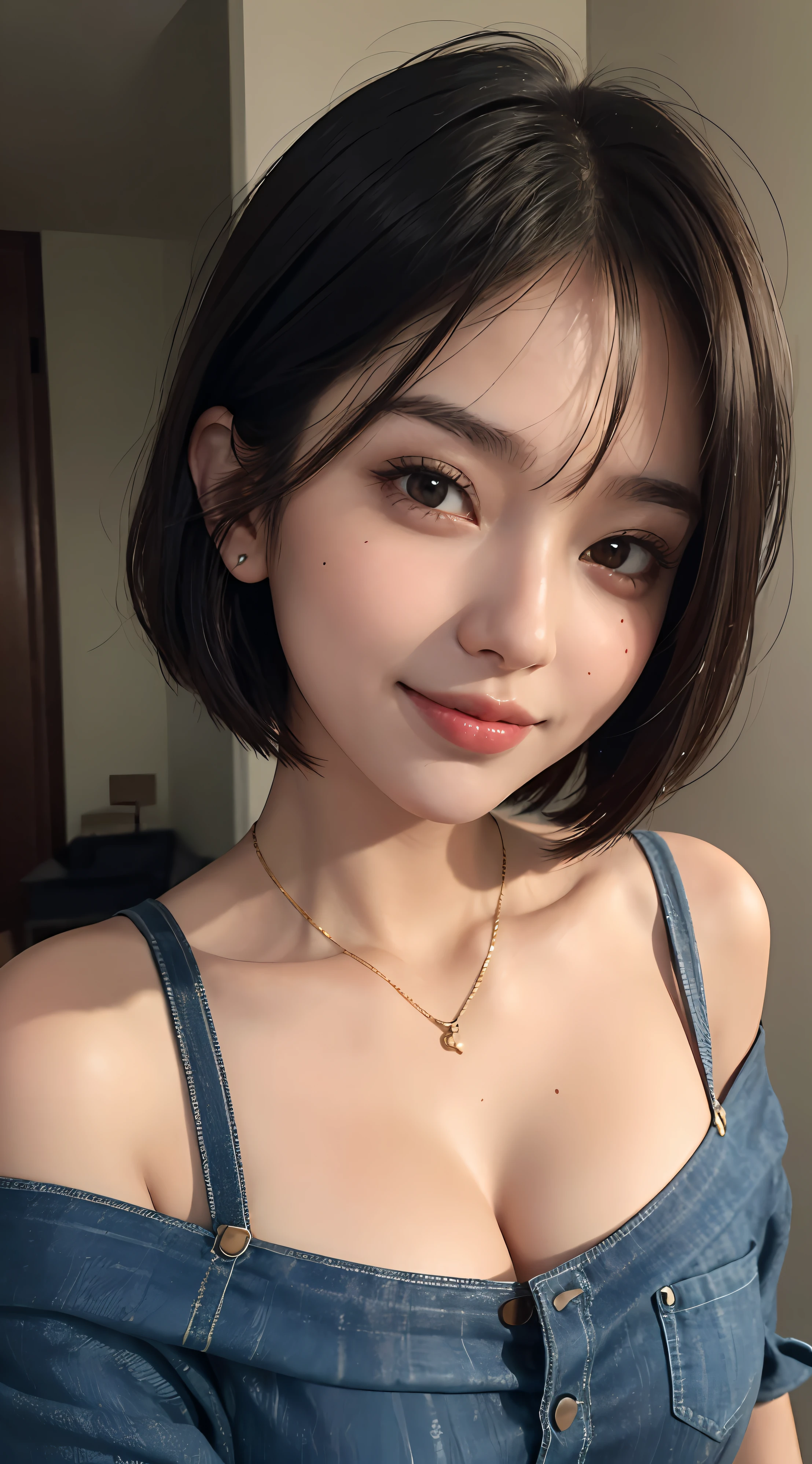 (top quality, 8k, masterpiece: 1.3), pretty woman with perfect figure: 1.4, dark brown hair, big, wearing pendants, torn shorts, sleeping in bedroom, very detailed face and skin, detailed eyes, double eyelids, top quality, masterpiece, (photorealistic: 1.4), one woman, golden ratio, high angle shot, upper eye care, low angle shot, perfect face, beautiful figure, cute face, face close-up, zoom in on face, short bob, short hair, smile from different angles, smile, gloss, highlight, gloss, glossy on skin, glossy on skin, wet skin, wet, bangs, cute smile, bust, off-shoulder, refreshing charm, elegant, perfect hands, smile from angle, smile, shiny, highlight, glossy skin, bangs, bust, big, Warm off-shoulder, refreshing charm, ears out, gaze to the camera, poses at different angles