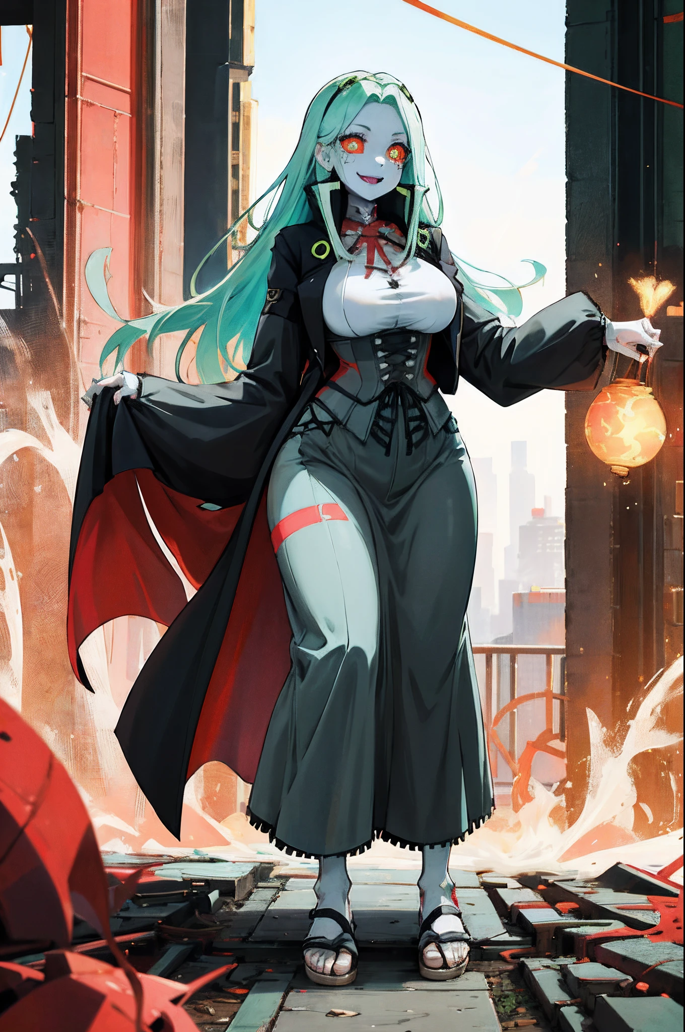 masterpiece, best quality, highres, 1girl, rebecca \(cyberpunk\), solo, long hair, mechanical eye, colored sclera, red sclera, colored skin, white skin, leg tattoo, neck tattoo, green hair, long hair, small breasts,, fang, red pupils, skin fang, red eyes, black jacket, standing, field,huge breast, tallgirl, long skirt, pullover, vest,, flipflops, standing, curvy,pants, full body, smile, victorian dress, victorian robe