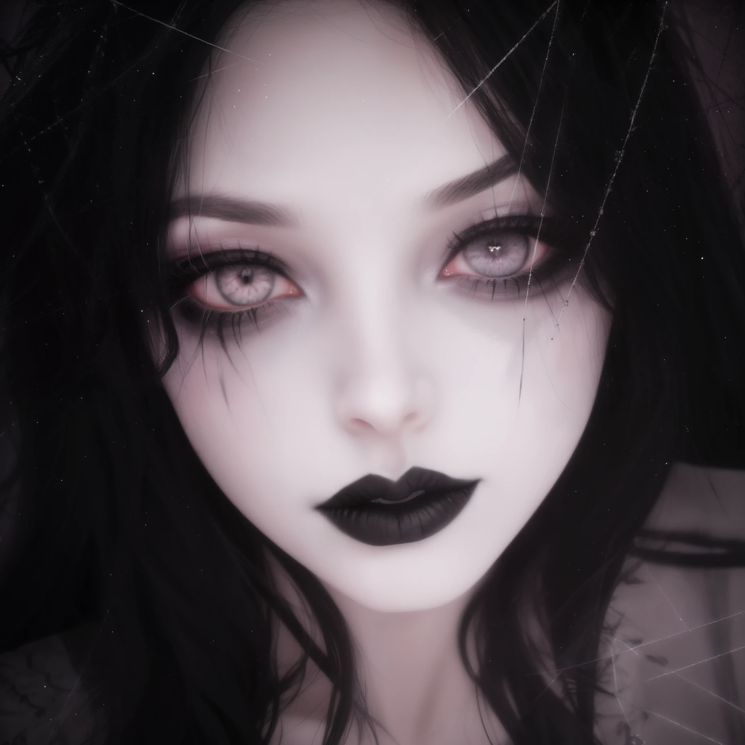 Close-up of a woman with black lipstick and creepy, Black scleral eyes, Has haggard eyes and black hair, gothic face, gothic girl face, with black eyes, scary look, Black sullen eyes, gothic horror vibes, Black glare eyes, pale goth beauty, A ghostly filter is applied, Black sclera! Eyes