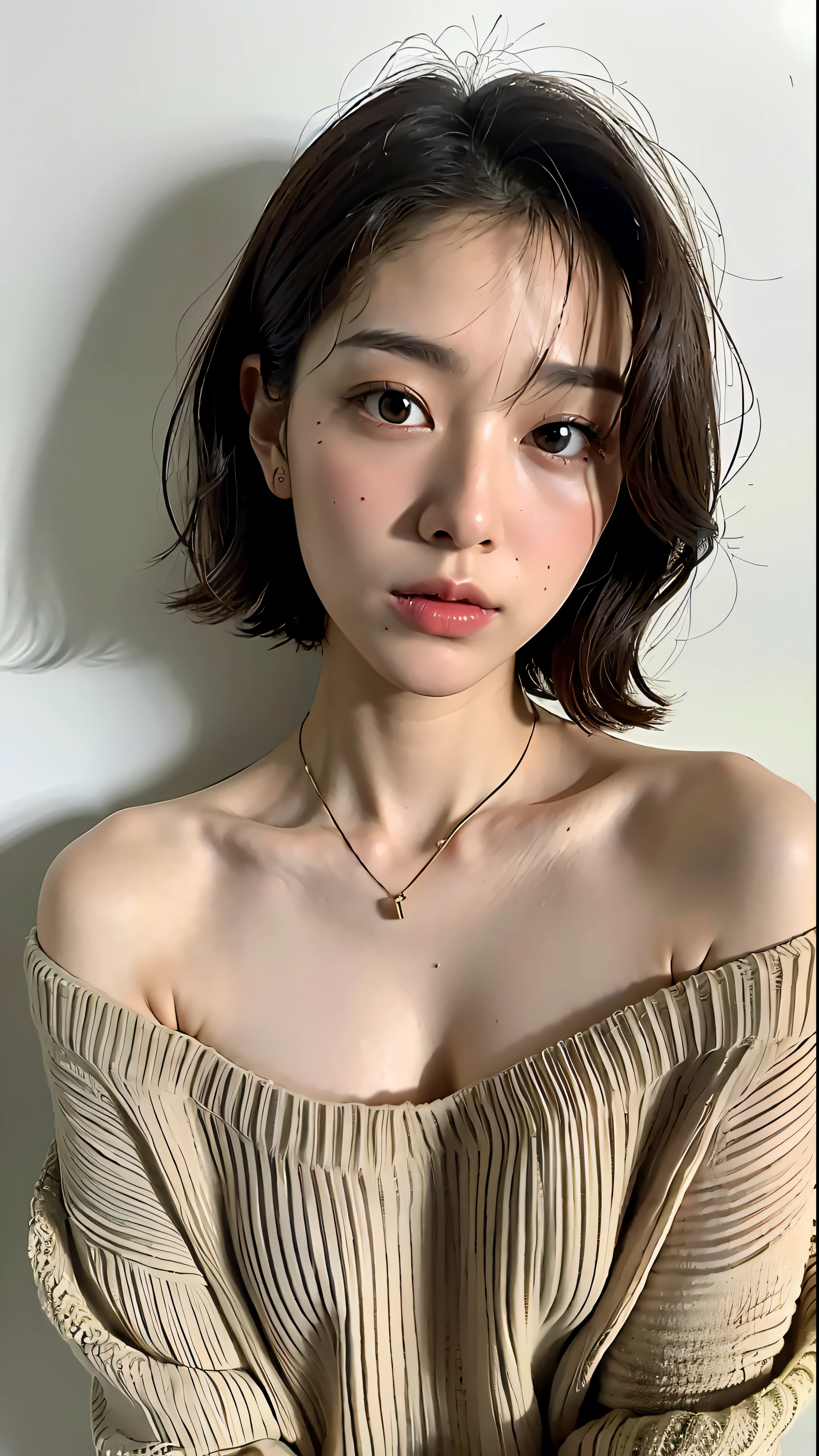 (Best quality, 8k, 32k, Masterpiece, UHD:1.2),Photo of Pretty Japanese woman, large breasts, very short layered bob hair,upper body,face focus,off shoulder sweater, necklace, simple background, from above, looking at viewer,