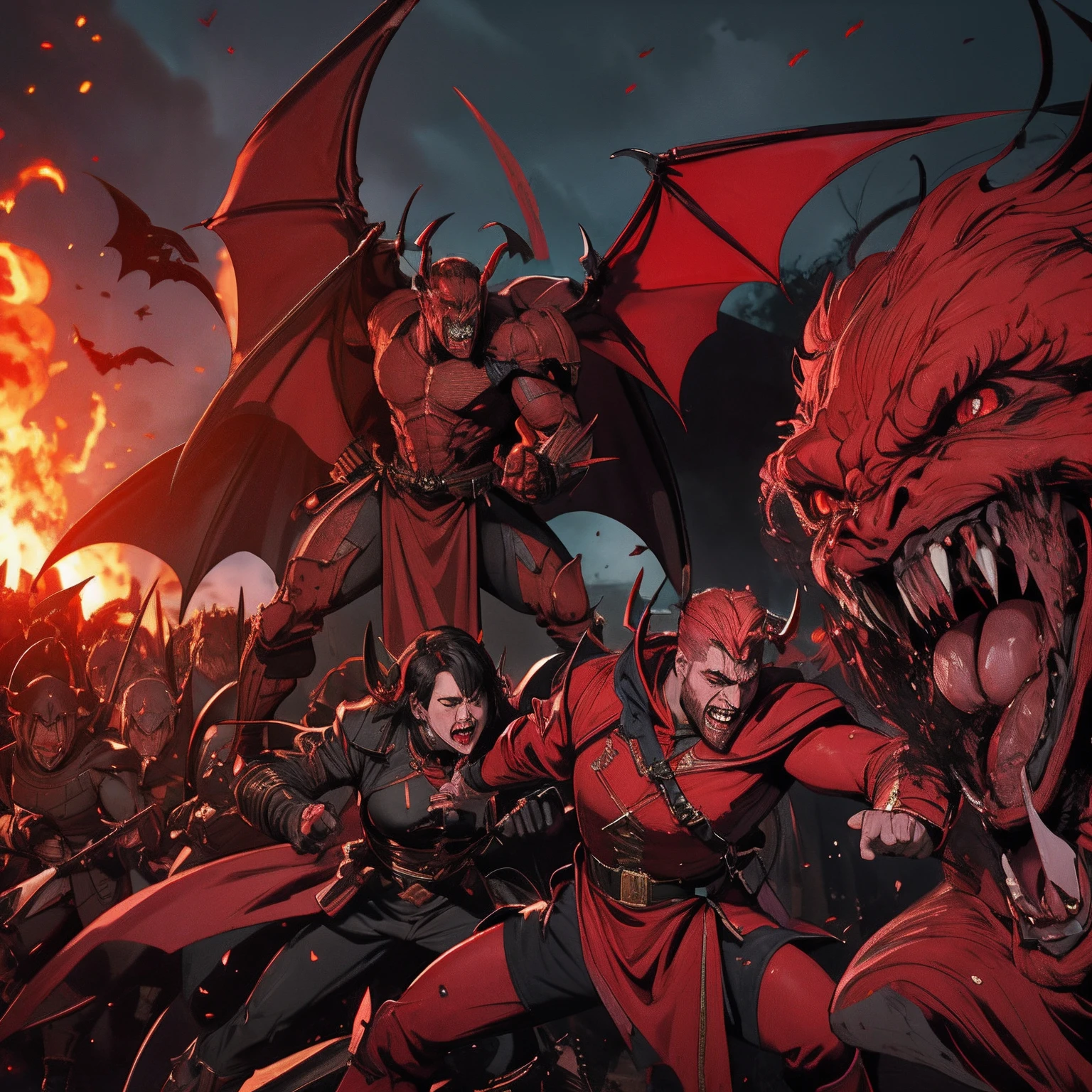 Troops armed with demons going into battle Hyper realistic war super detailed Dynamic poses of 10 demons with hyper realistic Dracula super detailed