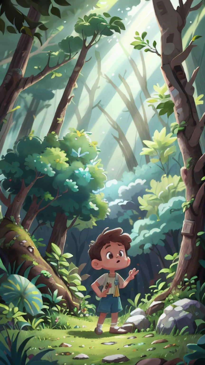 (improve the resolution) warn him not to enter the mysterious forest next to the house.
Lucas, a 7-year-old boy with short, wavy brown hair, a light blue button-up shirt, denim shorts, and white sneakers, ignores the warning and decides to explore the forest secretly.