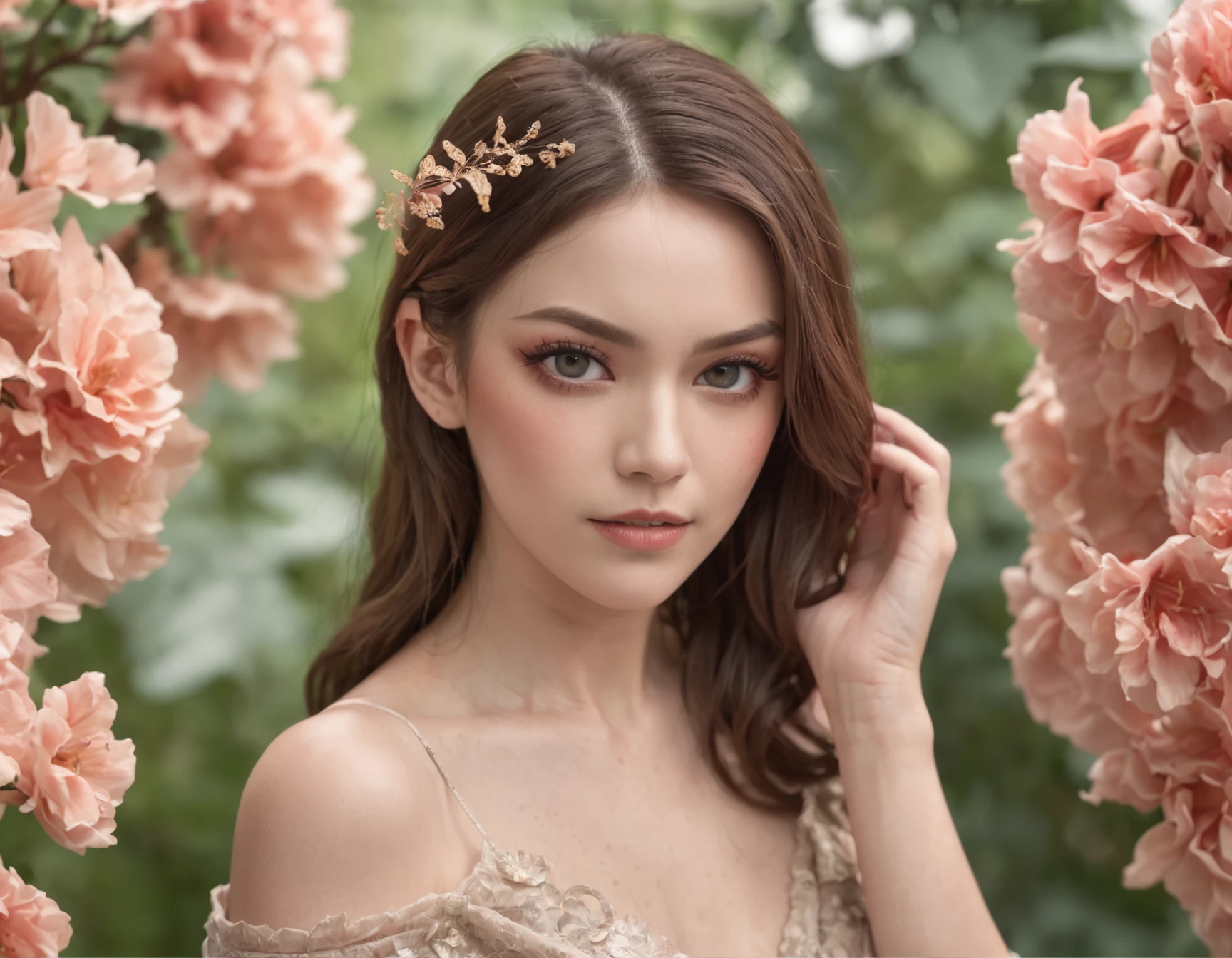 [A realistic portrait of a woman with eye makeup inspired by nature, with flowers and butterflies]
(shot with a DSLR camera with a 50mm lens)
(in a studio setting with natural light)
(in a dramatic and atmospheric style)