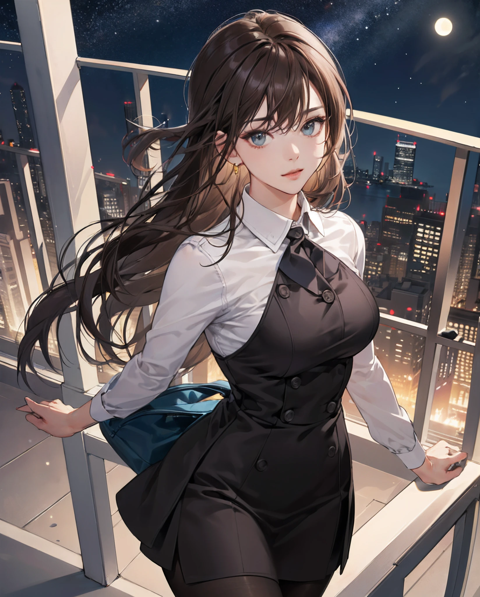 ((Best quality, 8K, Masterpiece :1.3)), Whole body, Sharp focus :1.2, Pretty Women with Perfect Figure :1.4, Slender abs :1.2, ((Dark brown hair, Big breasts :1.2)), Body dress :1.1, (night cityscape, Modern Balcony :1.1), Highly detailed face and skin texture, Detailed eyes, 二重まぶた, small busts, office lady uniform, Office wear, Bare breasts, (Black pantyhose), (No panties), interior scenes, Office
