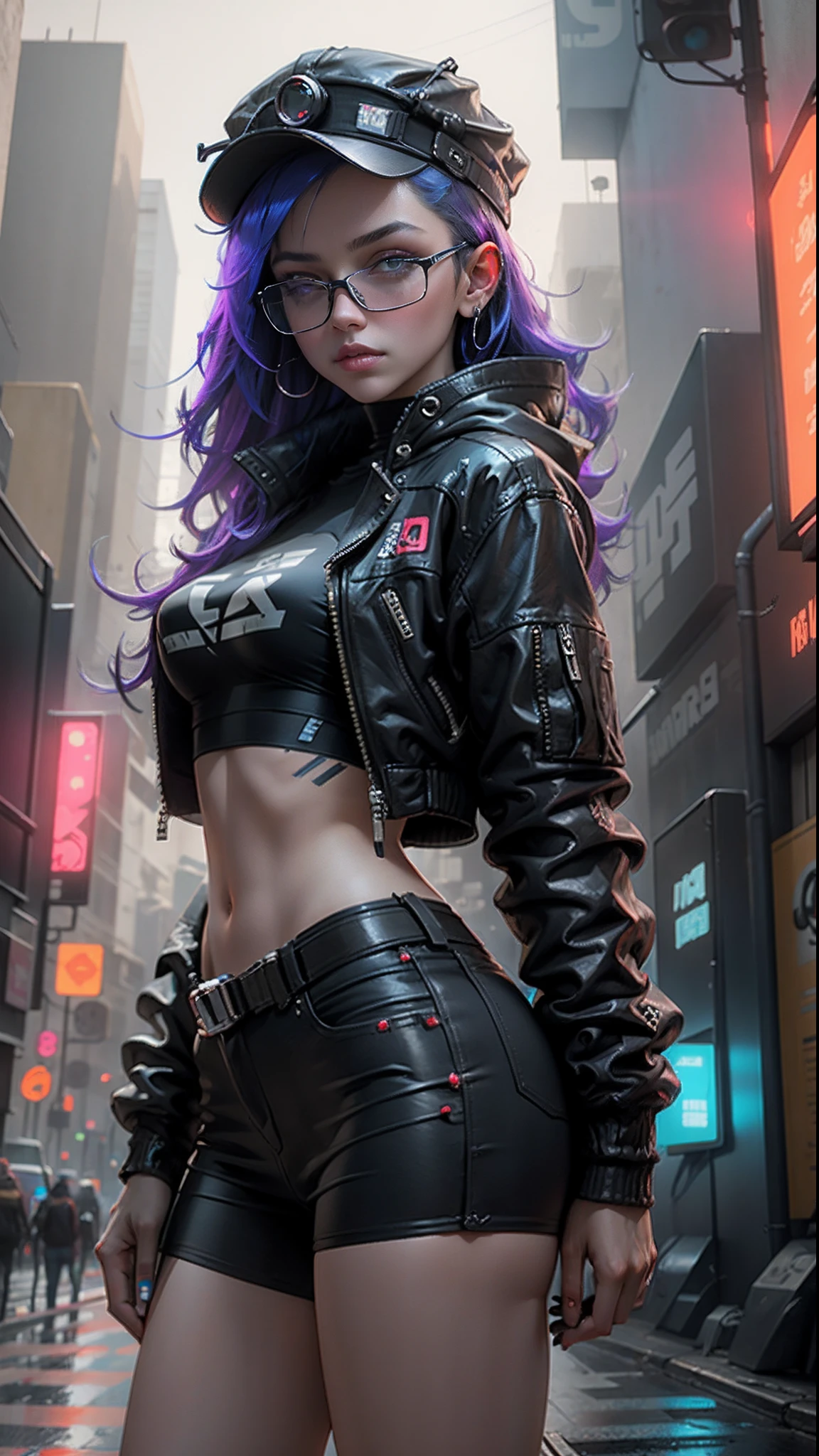 Beautiful woman medium hair, wearing cap, cyberpunk style short clothes, futurastic eye glass.