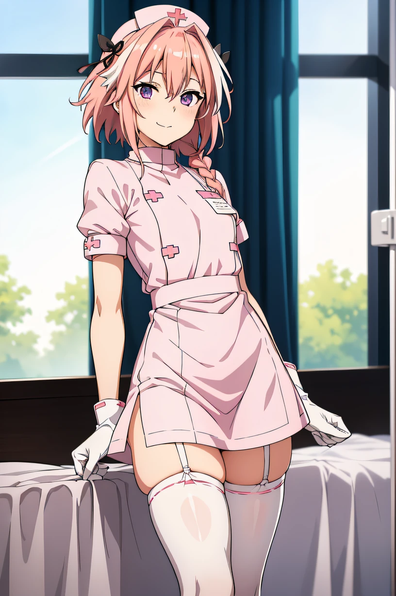 astolfo, single braid, pink hair, purple eyes, otoko_no_ko, male focus, solo, Nurse, ((White nurse cap, White nurse uniform)), ((White legwear, zettai ryouiki)), White Gloves, Smile, Standing, ((Hospital room)), sharp outline, Short sleeves, Best Quality, masutepiece