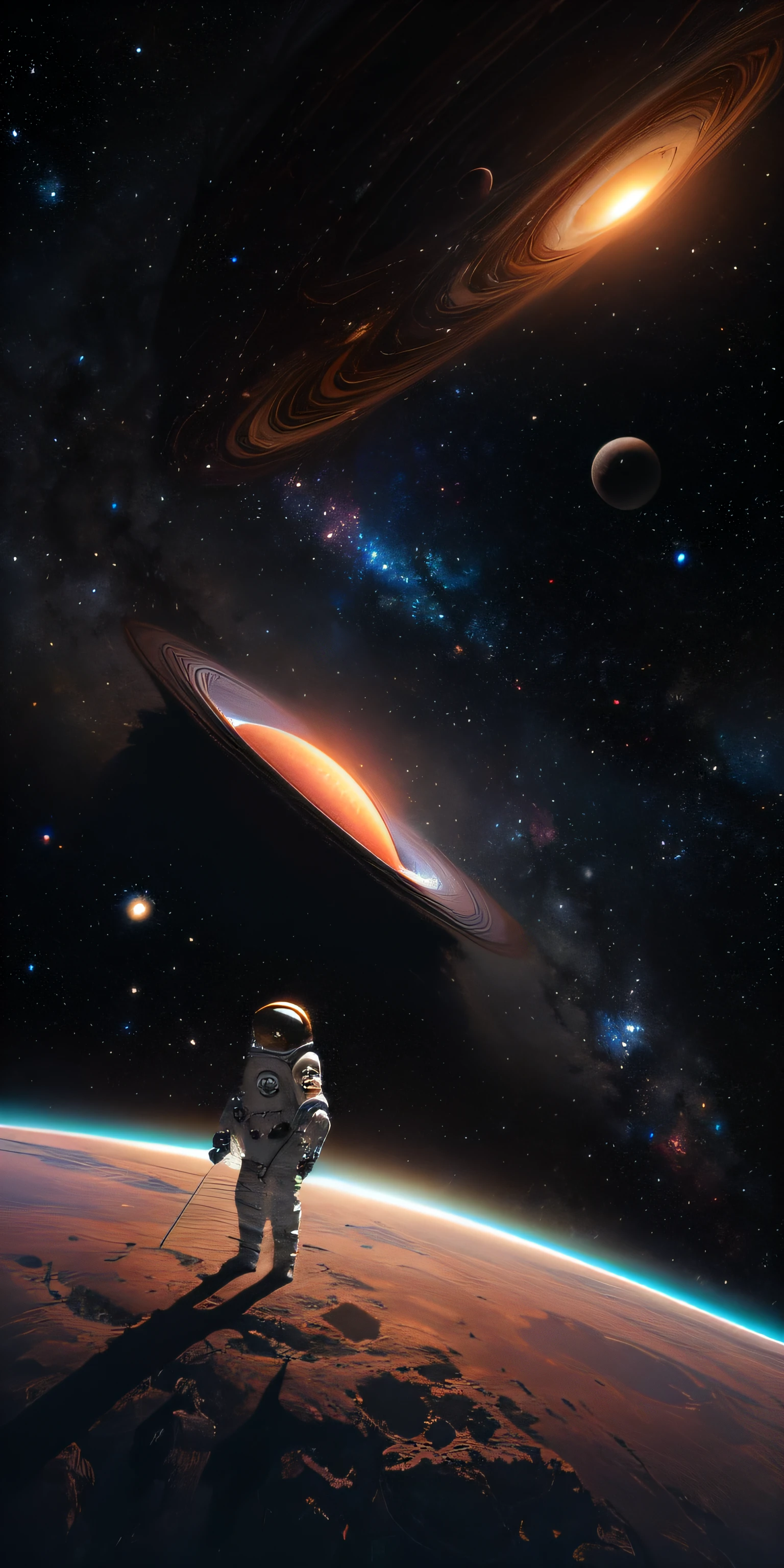 ((master)), ((best quality)), ultra-detailed CG unity 8k wallpaper, incredibly delicate and beautiful illustration, floating, high resolution, dynamic, ((1girl)), brown eyes, brown hair, astronaut suit, dark black background, stellar space, large white luminescent stars, a huge black hole in the background, colorful planets floating in a cosmic maelstrom.