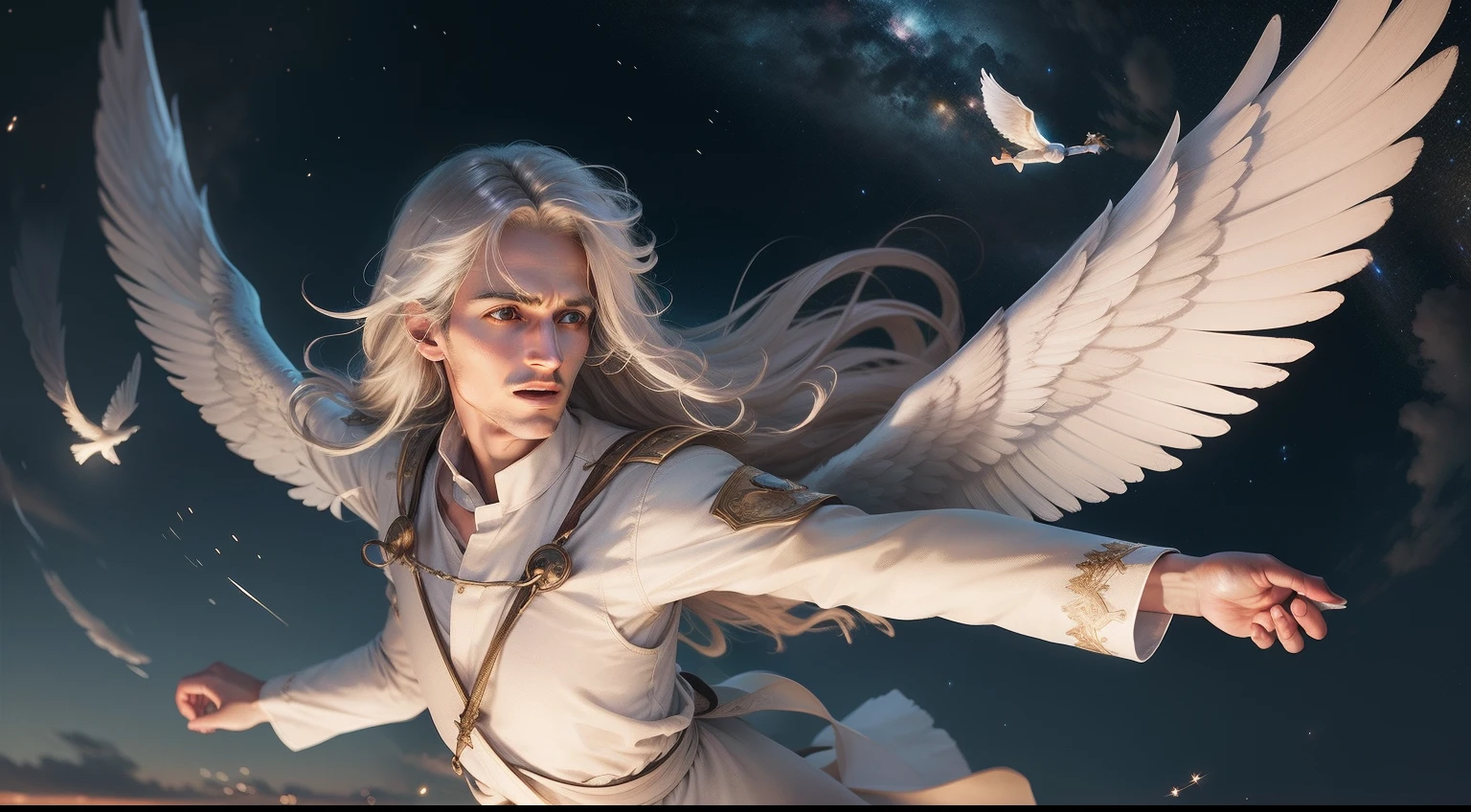 Realistic photo of the Angel Gabriel flying over the night skies