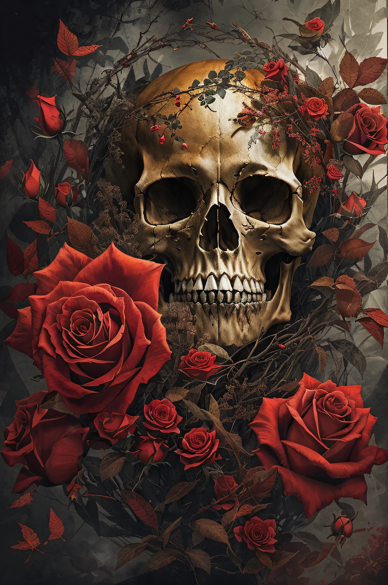 A skull of death in shades of intense red, contrasting with a dark and enigmatic background, Surrounded by roses and leaves that seem to dance around you, conveying an atmosphere of mysticism and dark allure, illustration, digital technique