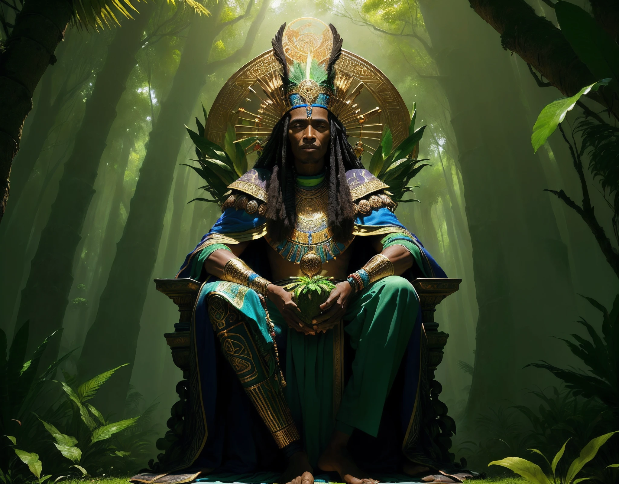 Imagem de um homem sentado em um trono em uma selva, epic 3 d oxossi, ayahuasca shaman, osiris, ayahuasca, arte oficial, por Johfra Bosschart, Mitologia africana, Odisseia, casimiro arte, the oracle of trees, official poster artwork, lush oasis, album cape, Obunga