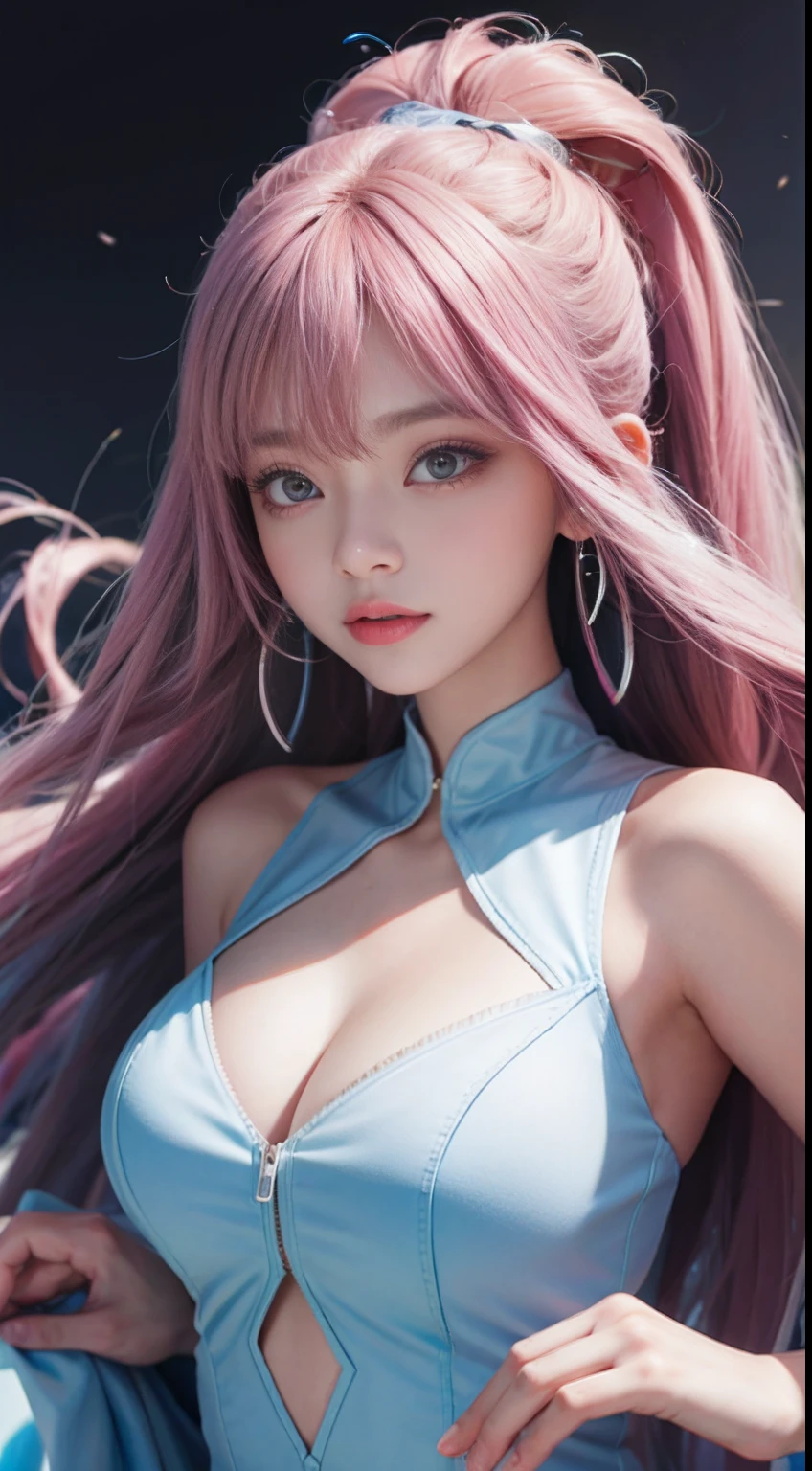 Realistic、Highest quality、One Girl、Cat ear、Nurse cap、Pink long hair, Straight hair, saliva, ((Heart-shaped pupils)) orgasm , blue sequin bikini, Black PVC gloves , (Big Breasts:1.2)、On all fours