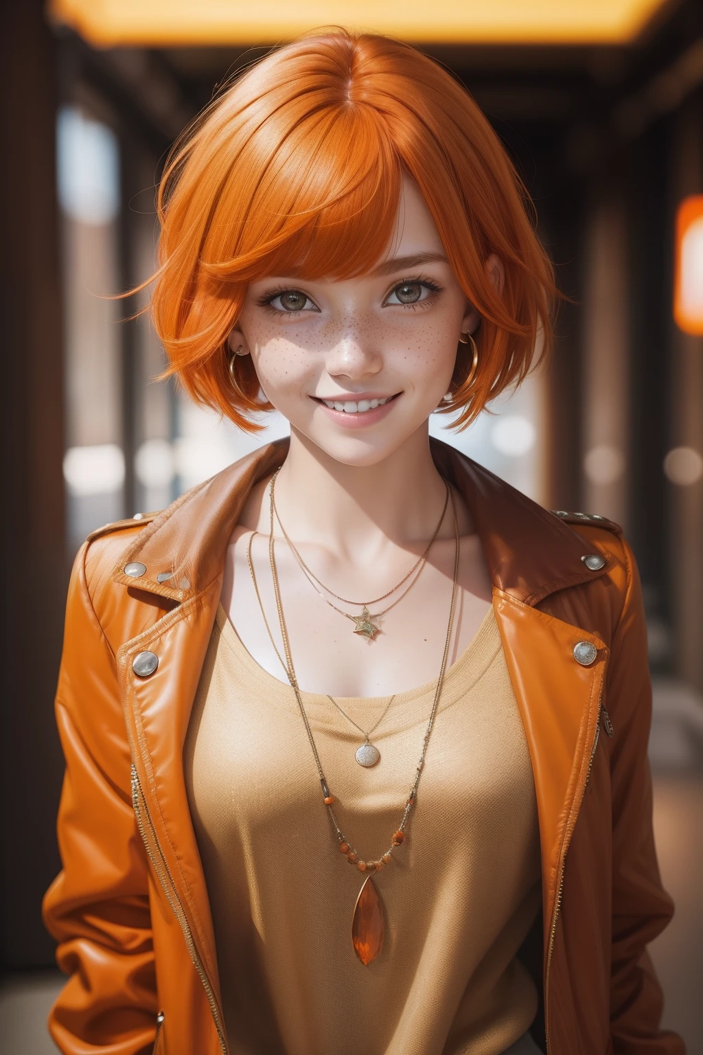 1girl, solo, smile, looking at viewer, jacket, jewelry, blurry background, upper body, orange hair, blurry, necklace, short hair, freckles, bangs, teeth, parted lips, brown eyes, red hair, long sleeves