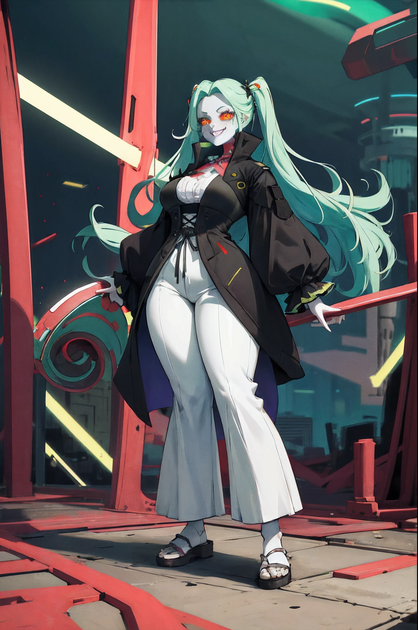 masterpiece, best quality, highres, 1girl, rebecca \(cyberpunk\), solo, long hair, mechanical eye, colored sclera, red sclera, colored skin, white skin, leg tattoo, neck tattoo, green hair, long hair, small breasts,, fang, red pupils, skin fang, red eyes, black jacket, standing, field,huge breast, tallgirl, long skirt, pullover, vest,, flipflops, standing, curvy,pants, full body, smile, victorian dress, victorian robe