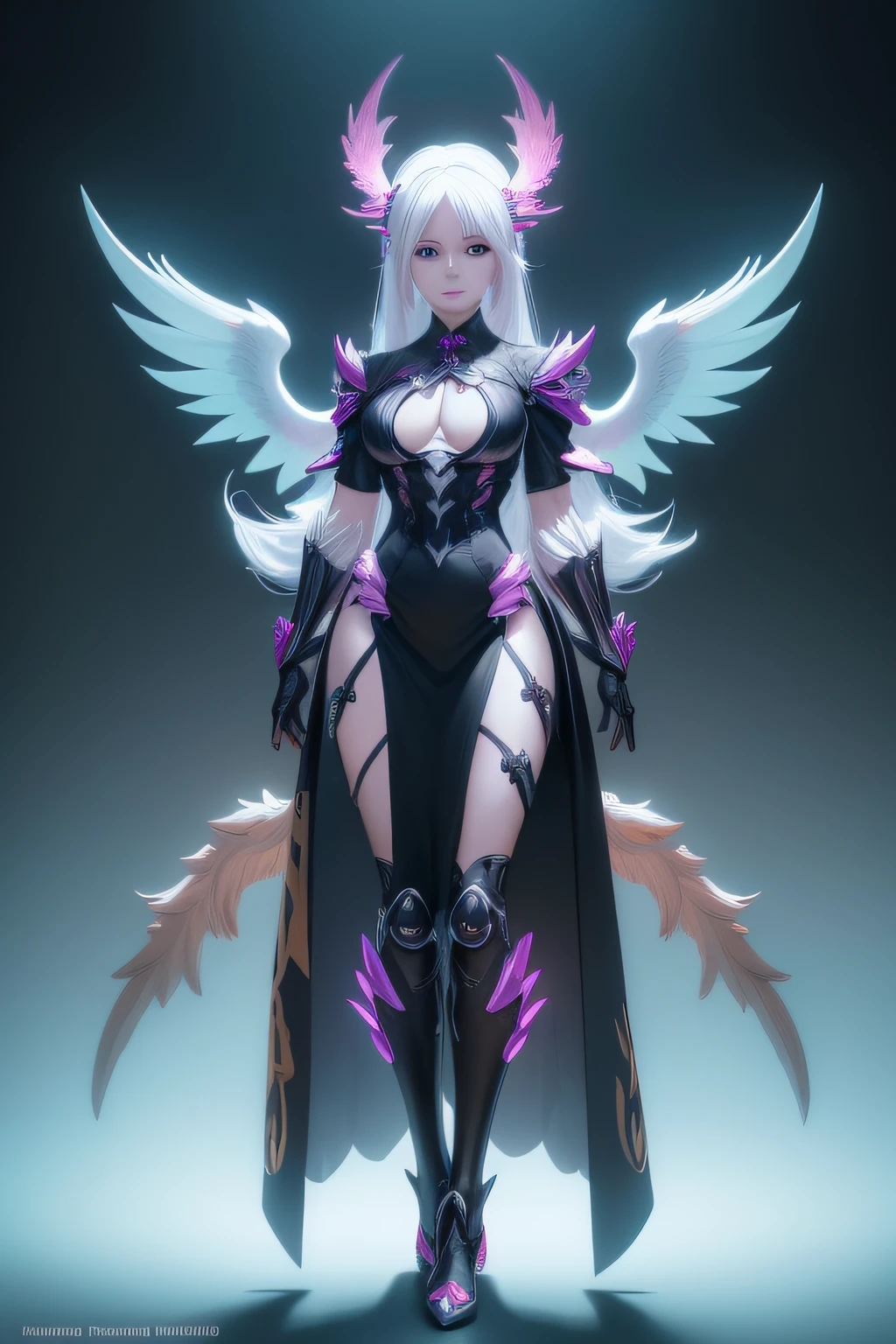 a woman with white hair and wings in a black outfit, wlop rossdraws, rossdraws global illumination, 8k high quality detailed art, extremely detailed artgerm, 2. 5 d cgi anime fantasy artwork, epic exquisite character art, rossdraws 1. 0, angel knight girl, beautiful cyborg angel girl, ross tran style, rossdraws 2. 5