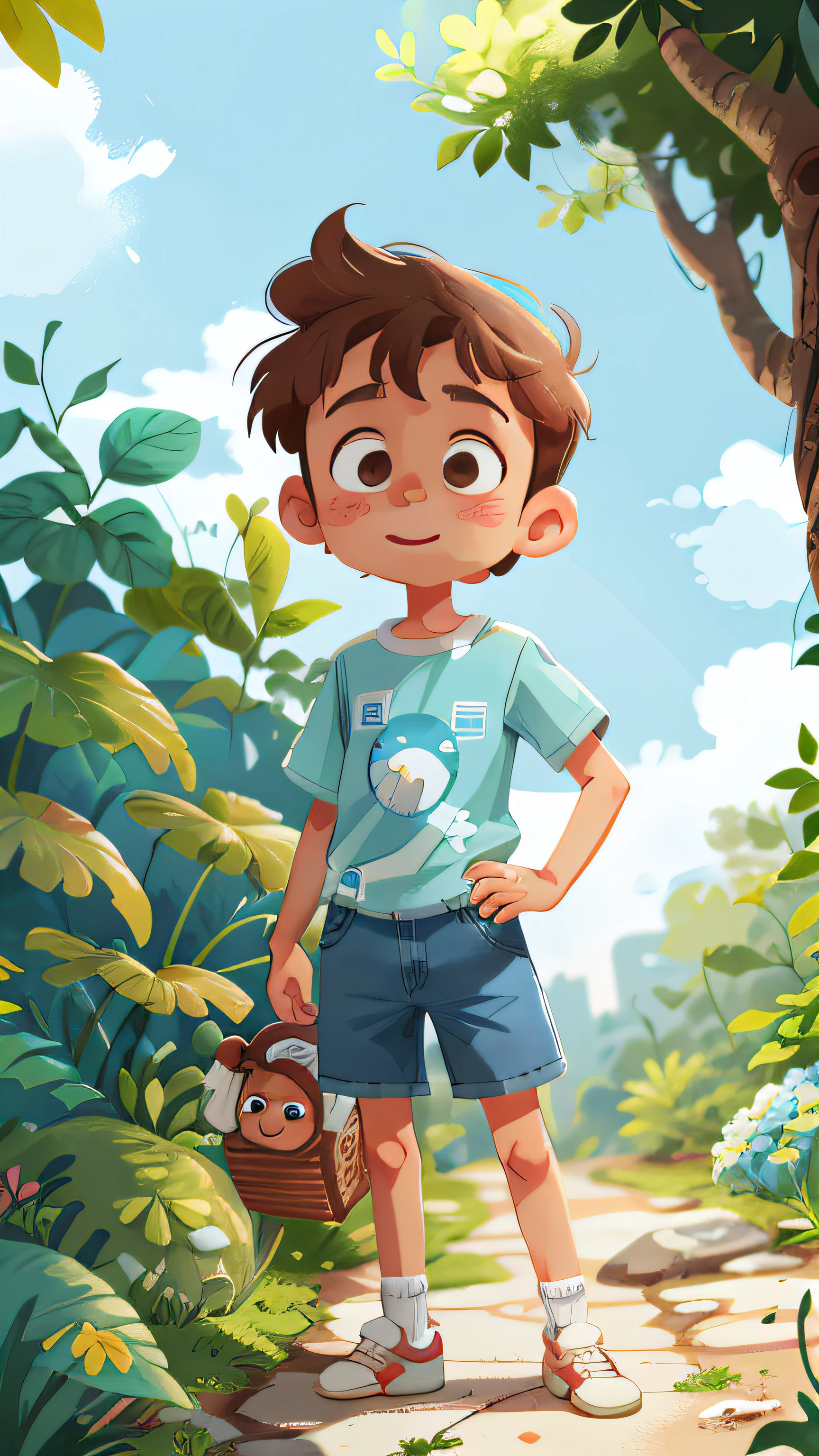 (feliz) Lucas, a 7--old  with short, wavy brown hair, a light blue button-up shirt, denim shorts, and white sneakers, is introduced as a curious and stubborn boy, always seeking adventures.
His parents are concerned about his lack of obedience.