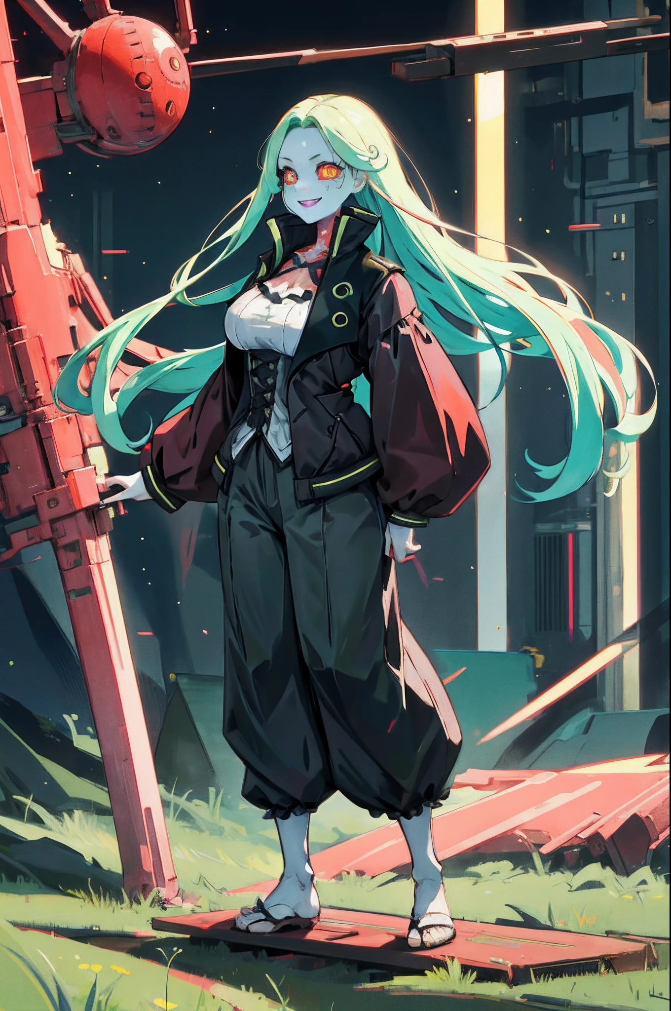 masterpiece, best quality, highres, 1girl, rebecca \(cyberpunk\), solo, long hair, mechanical eye, colored sclera, red sclera, colored skin, white skin, leg tattoo, neck tattoo, green hair, long hair, small breasts,, fang, red pupils, skin fang, red eyes, black jacket, standing, field,huge breast, tallgirl, long skirt, pullover, vest,, flipflops, standing, curvy,pants, full body, smile, victorian dress, victorian robe