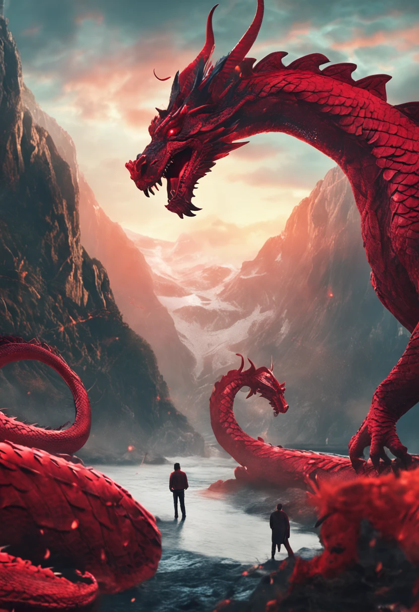 A young man turned his back to me，Red chains appeared on their bodies, restraining the two dragons in the sky