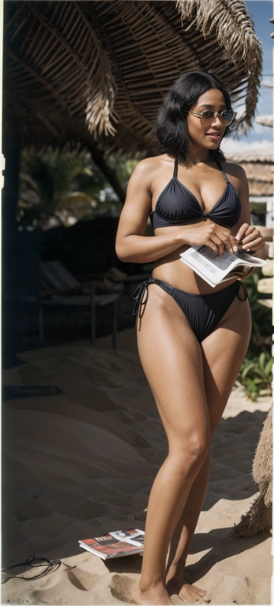 There's a woman in a bikini in the sand , em seus primeiros 3 0, in a bikini, in retro swimsuit, in a bikini (( preto)) na casa dos 20 anos, provavelmente na casa dos 20 anos, taken in the late 1970s, final 1 9 6 0 anos, wearing a bikini, full body shot in bikini, wearing sunglass  , a scarf covering her hair, holding two magazines in his hands , her bikini is black, Sorrir, casa velha de madeira, com escadas de madeira           Pele branca coelhinha, sexy, ecchi hentai Nicki Minaj com lindas curvas   segurando uma revista, , (8k, Foto RAW, fotorrealista: 1,25), ( brilho labial, mais alta qualidade, ultra high-resolution, profundidade de campo, chromatic aberration) olhando para o espectador, , corpo inteiro,