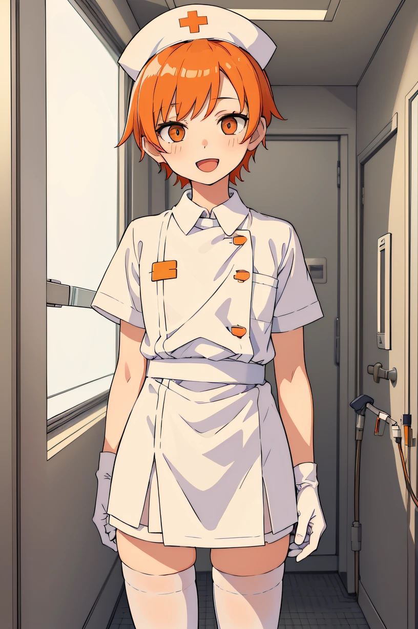 1 boy, Nurse, Nurse Cap, Whiteware, ((White legwear, zettai ryouiki)), White Gloves, Short short hair, Orange hair, Smile, Open mouth, Standing, ((Hospital room)), sharp outline, Short sleeves, Shota, 12year old, Best Quality, masutepiece