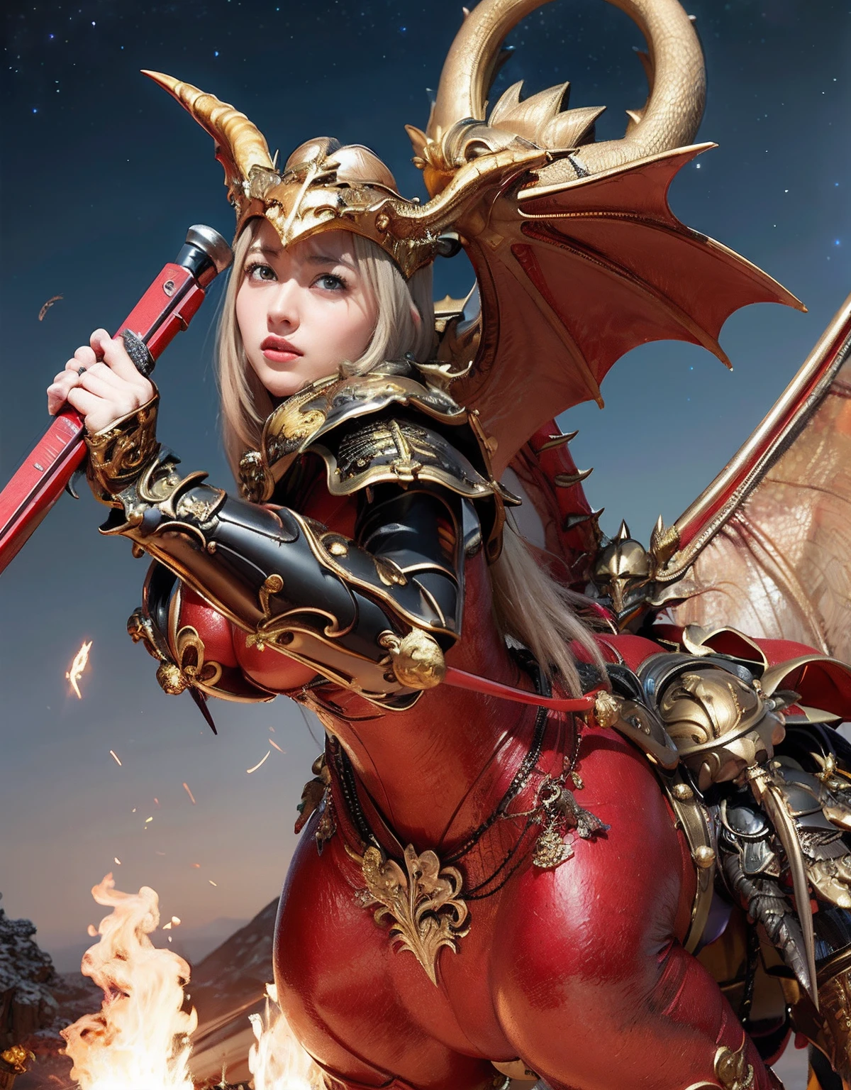 Professional , ​masterpiece、top-quality、photos realistic , depth of fields 、（Dragon Red Metal Body:1.９),(Matte Red、（cleavage of the breast）、Dragon Gold Weapon、（Red Micro Bikini Armor:1.４),Gorgeous gold weapons ,（（ Dragon's dense and gorgeous sword）） , （demonic wings）、（（a blond））、（Castle background）、（（Gangle's forest background））、Beautiful Caucasian beauty、１a person、dynamic ungle,(((Detailed and ornate dragon helmet)))、Smaller head、A smile、Castle background、Thin and beautiful female hands、cleavage of the breast、Soldier in iron armor on background、Mystical expression、Light Effects、intense fighting、Wind-effect、magic circles、With the legendary magic wand、Dragon's tail、explosions、
