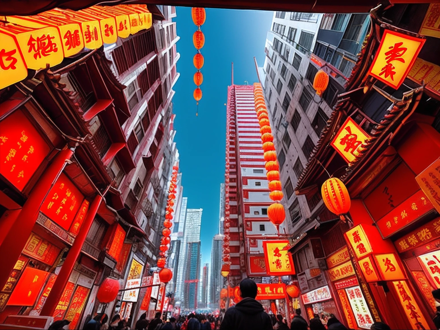 This image and angle, em Chinatown, with various Chinese signs and lights on the buildings, arhitectural shot, Retrato Grande Angular, fotografia de arquitetura, perspectiva distorcida, dynamic low angle shot, Low angle shot, Perspectiva de Olhando para Cima