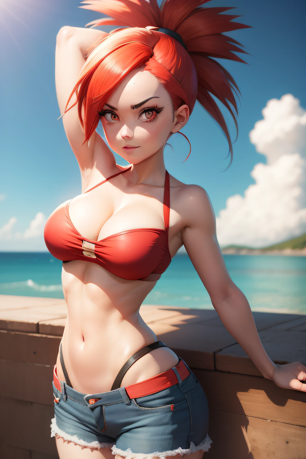 Flannery pokemon, red tube_top, blue denim shorts, red eyes, red hair, bandeau, strapless top,