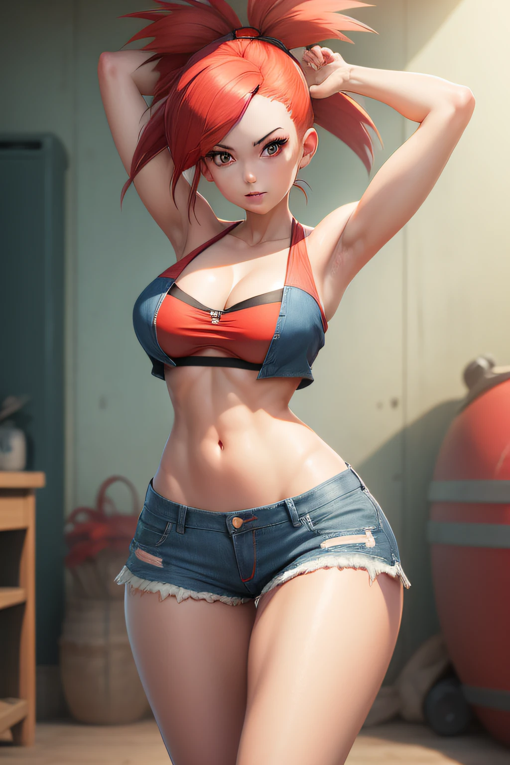 Flannery pokemon, red tube_top, blue denim shorts, red eyes, red hair, bandeau, strapless top,
