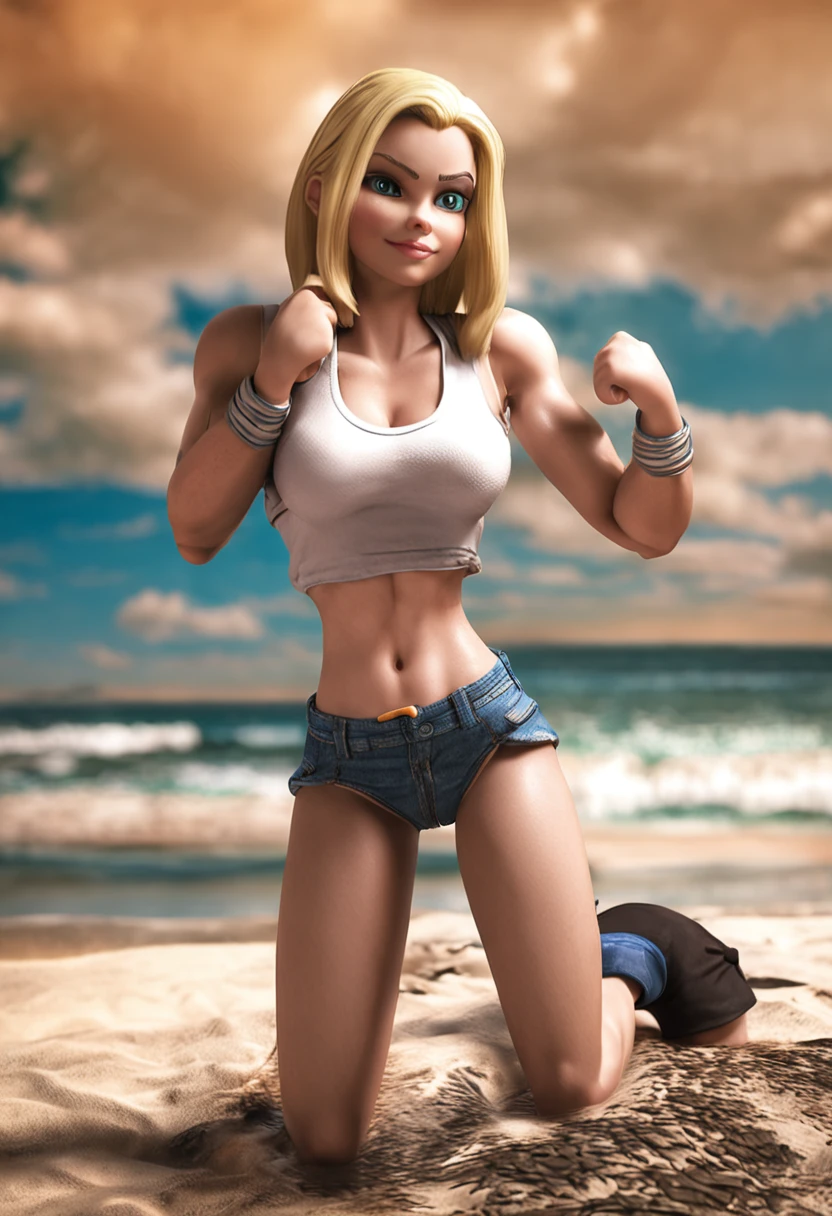 NSFW (nude) (Supergirl ((human)) medium breasts, strip of pubic hair) full body, vaginal penetration, fucking a ((male furry dog white pitbull with a dog penis)), on a deserted beach