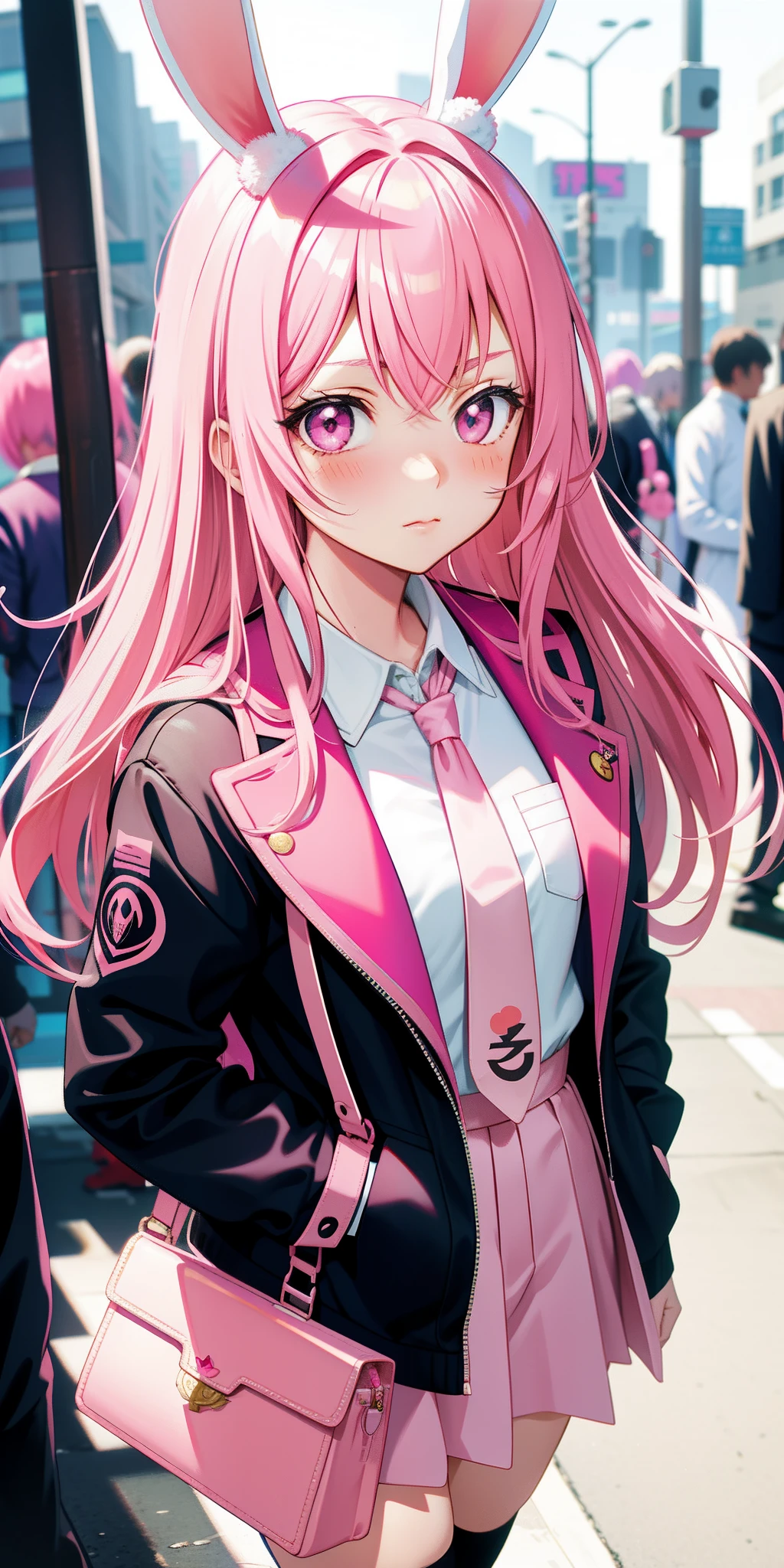 Anime girl with pink hair and bunny ears in pink tie, pink eyes, shy blush, pretty, small satchel, cyberpunk
