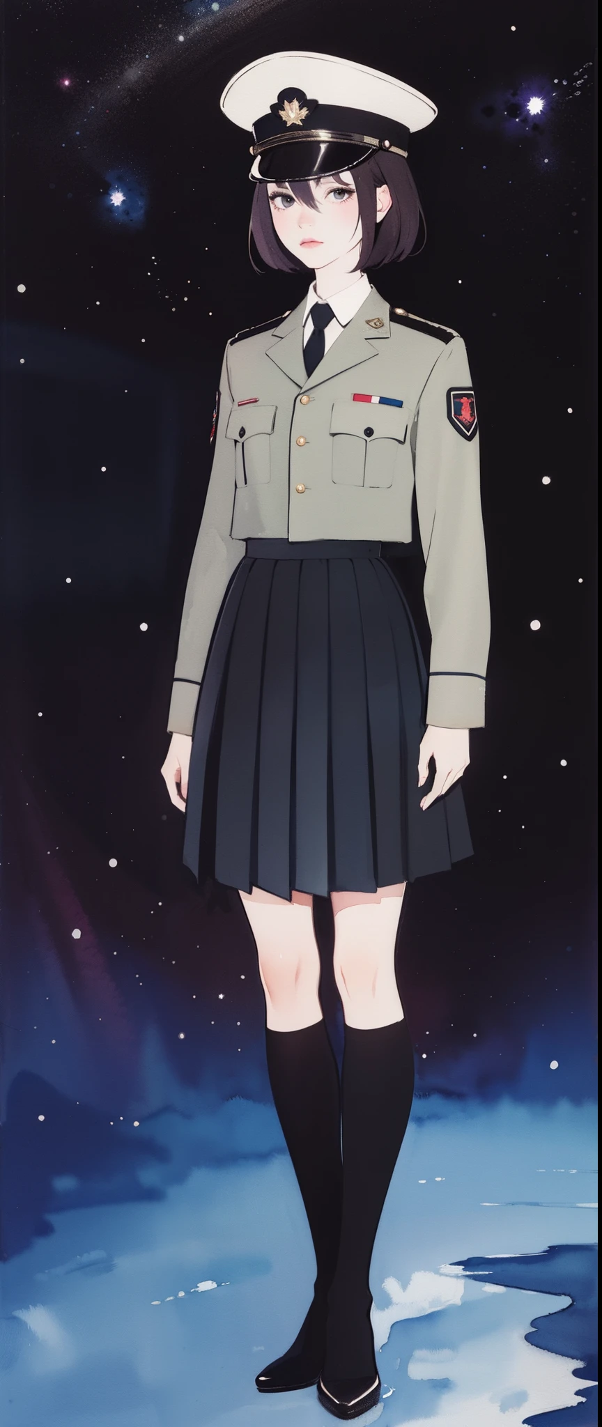 (masterpiece:1.2, best quality), 1girl, , (black military outfit), pleated skirt, military hat, space cadet, dark space background, futuristic, anime minimalist, watercolor