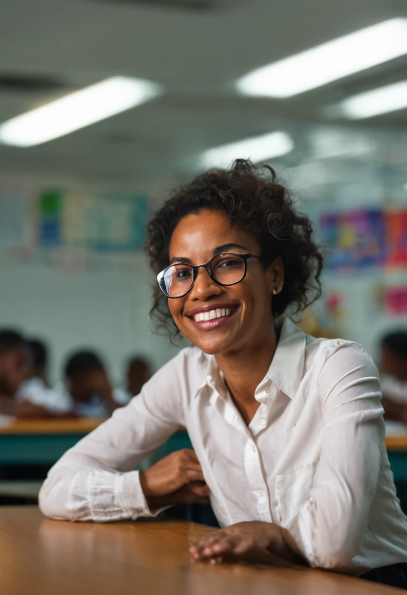 Smiling woman in white shirt and glasses at school , Alexis Franklin, estudante, pose 1 de 1 6, taken in the early 2020s, imagem de perfil, foto de perfil, Imagem, foto de perfil, ✨🕌🌙, foto do perfil, Demessance Kezie, 3 0 anos de idade mulher, Mulher de 30 anos, ebony blurred background, RAW, analogue style, foco nítido, 8k UHD, DSLR, alta qualidade, Fujifilm XT3, grain, premiado, photoreallistic, estilo de modelo, Detalhes altos, Dramatic lighting