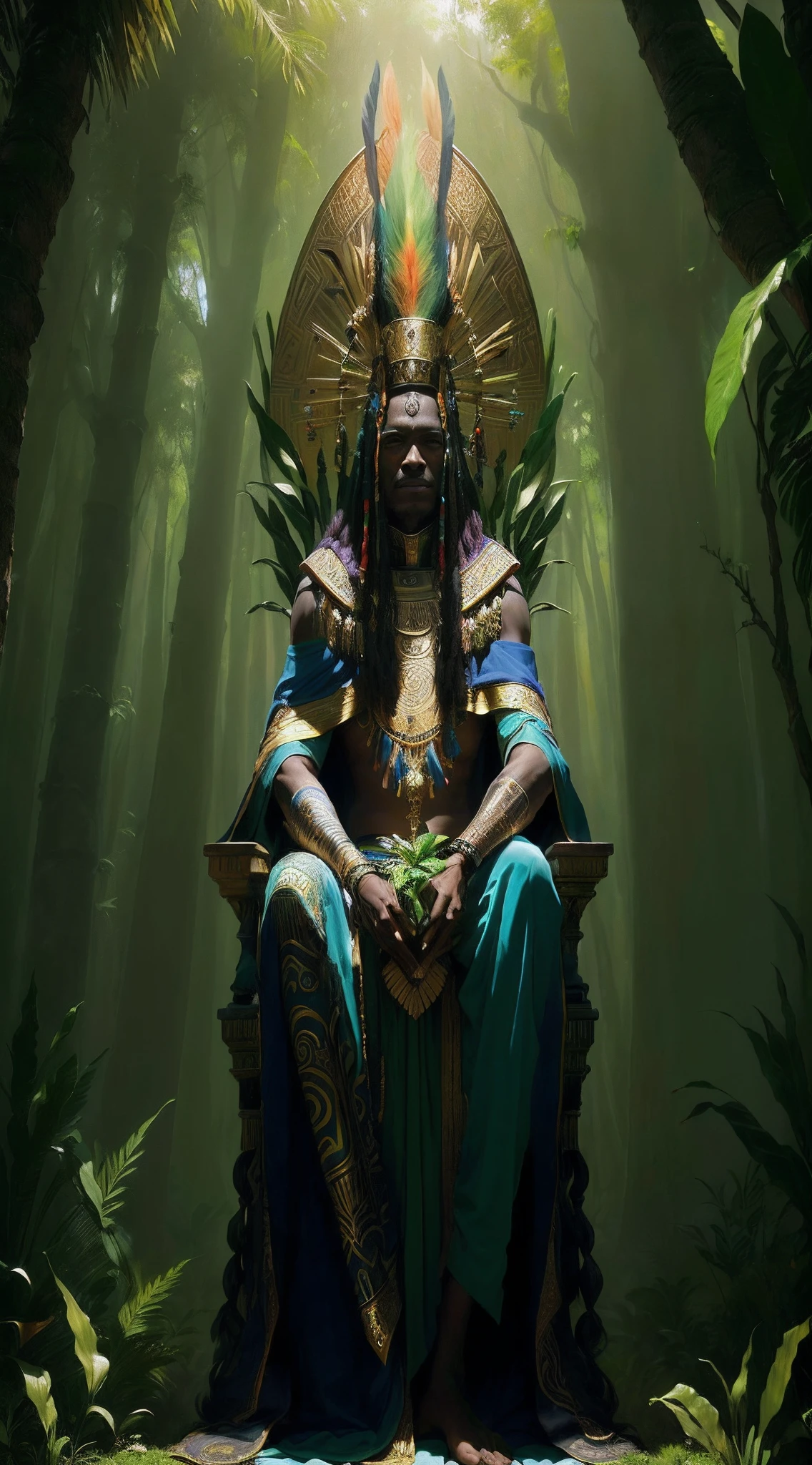 Imagem de um homem sentado em um trono em uma selva, epic 3 d oxossi, ayahuasca shaman, osiris, ayahuasca, arte oficial, por Johfra Bosschart, Mitologia africana, Odisseia, casimiro arte, the oracle of trees, official poster artwork, lush oasis, album cape, Obunga