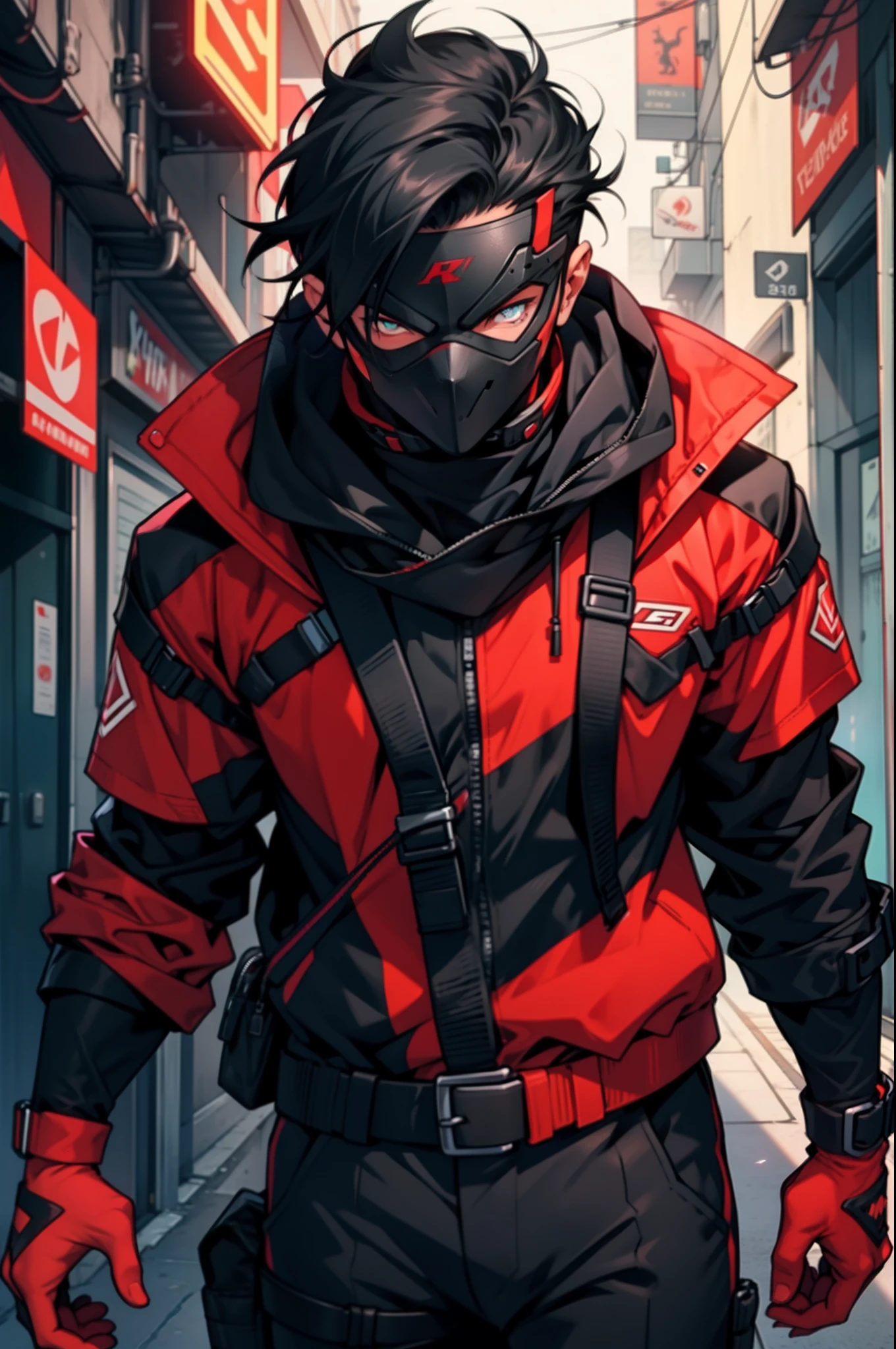 The guy wears a red and black suit, black hair and an all black mask with neon crimson eyes and mouth.