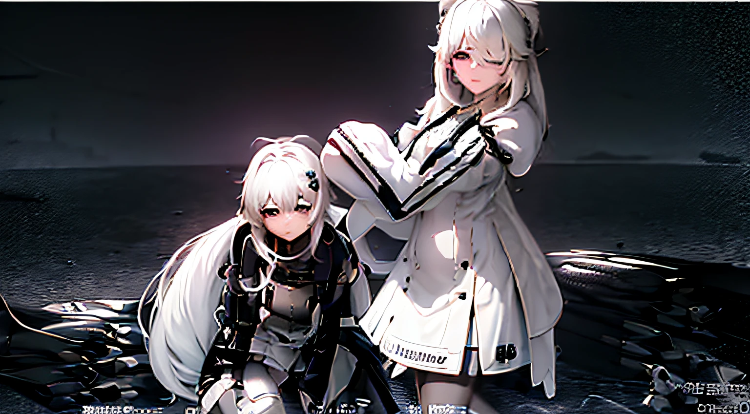 personagens de anime vestidos de branco e preto posando para uma foto, Caudas duplas branco_Luvas, Caudas duplas, meninas estilo linha de frente, Estilo de pista Azur, de arknights, Feliz!!!, estilo anime. 8k, VRCabord, 2 b, 2b, sao 8 k, Hidari e Vlop, pixiv 3dcg |, kantai collection style