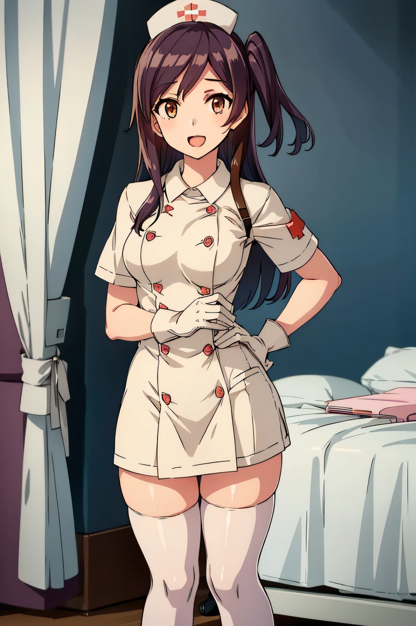 hagikaze, ahoge, one side up, medium breasts, solo, Nurse, ((White nurse cap, White nurse uniform)), ((White legwear, zettai ryouiki)), White Gloves, Smile, Open mouth, Standing, ((Hospital room)), sharp outline, Short sleeves, Best Quality, masutepiece