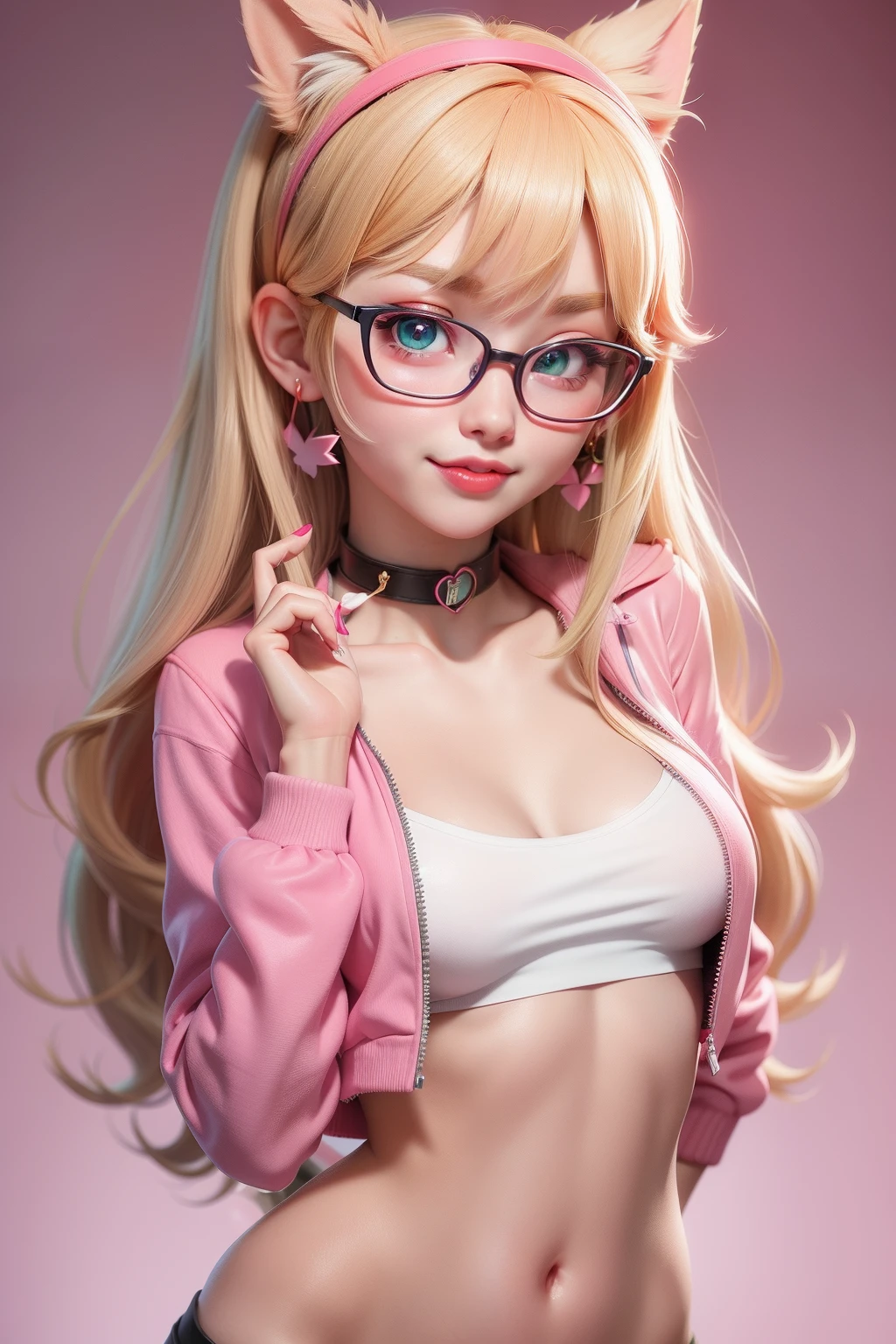 1 kawaii gamer girl, nsfw, japanese girl, solo, bright aqua eyes, glasses, eyelids, blush, seductive smile, naughty expression, red lips, hair bangs, smooth long hair, blonde hair, pink ribbon hairband, heart earings, collar, collarbone, sexy body, slim waist, navel, natural huge breast, cleavage, flat chest, cleavage, erotic sport bra, erotic pose, looking at viewer, flat green background, upper body