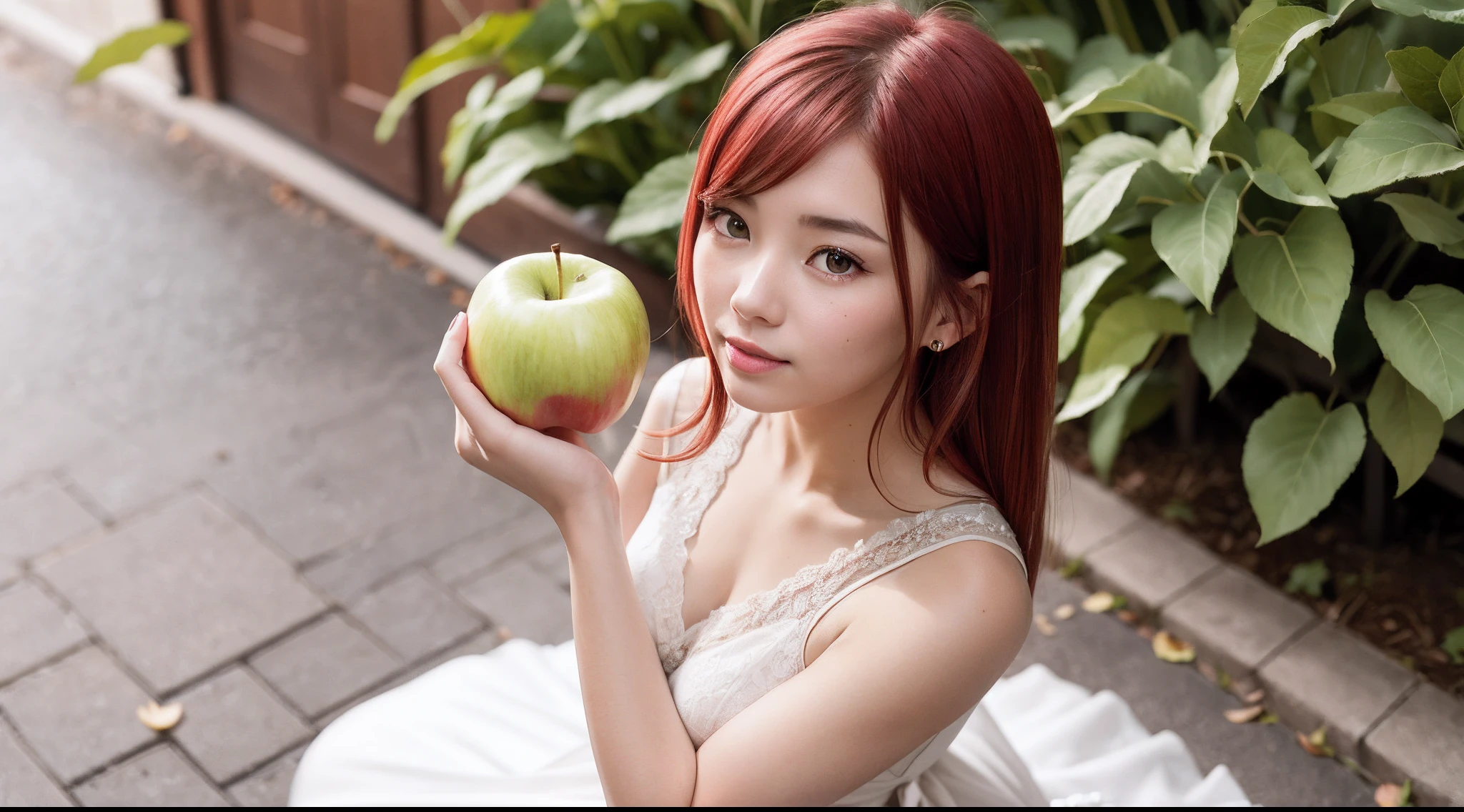 Big red bow hair ornament,(Blonde hair:1.3), (A lot of hair:1.3), (detailed hairs:1.2),Beautiful woman holding a shiny big red apple,White sailor suit,3Drenderingof