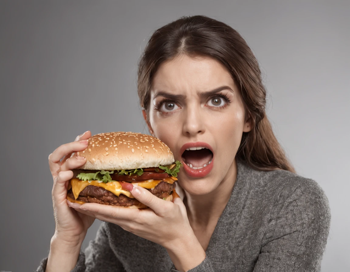 Create a realistic depiction of a scene where an extremely obese woman, pesando mais de 200 quilogramas, is situated in your kitchen at night. Emphasize your visibly surprised and delighted action, holding a giant Burger that is clearly larger than his own arm. Your eyes are wide open, expressing a mixture of shock and admiration as she holds the end of the Burger, that extends beyond your shoulders. Her hands are delicately resting on the surface of the Burger, and his mouth is half-open in an expression of genuine surprise. The scene captures the moment when she is discovering and reacting to the extraordinary presence of the Giant Burger, radiating fascination and wonder at the unusual proportions of the Hamburger
. The image must be captured in high resolution (8k) e formato RAW, aiming for impeccable visual quality. Strive for an authentic, estilo foto-realista (1.37) which incorporates dynamic lighting and subtle light leaks to enhance scene realism. It is essential to accurately portray the characteristics of the woman, highlighting the distinct characteristics of extreme obesity, as well as his poignant expression visibly surprised and delighted, holding a giant Burger that is clearly larger than his own arm. Your eyes are wide open, expressing a mixture of shock and admiration as she holds the end of the Burger, that extends beyond your shoulders. Her hands are delicately resting on the surface of the Burger, and his mouth is half-open in an expression of genuine surprise. The scene captures the moment when she is discovering and reacting to the extraordinary presence of the Giant Burger, radiating fascination and wonder at the unusual proportions of the Hamburger
Employ advanced editing techniques, como o Pureerosface_Filtro V1 (1), to refine the portrayal of your facial features.