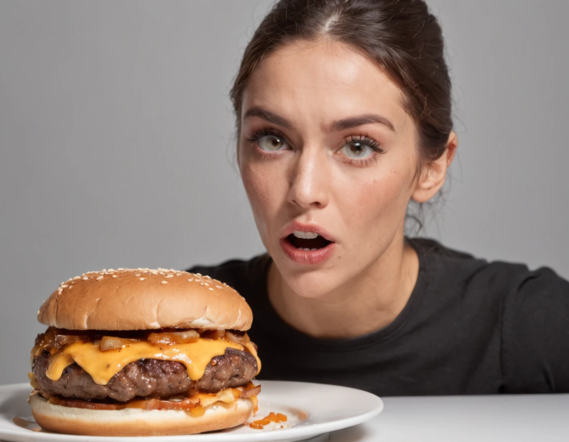Por favor, crie uma imagem que retrate uma cena em um quarto bem iluminado. Nessa cena, uma mulher extremamente obesa, com cerca de 200 quilos, is holding with extreme surprise a giant burger, noticeably larger than his head. His mouth is open and his hands cover his face, Keeping the shocked expression on his face. She displays a remarkable expression of surprise, com olhos arregalados e sobrancelhas franzidas. A imagem deve ser de alta qualidade (8K) to capture every detail and achieve a significant level of artistic quality (score of 1.2). The desired representation should be realistic and photo-realistic (score of 1.37), emphasizing the details of the woman's facial expression and the extraordinary size of the burger.