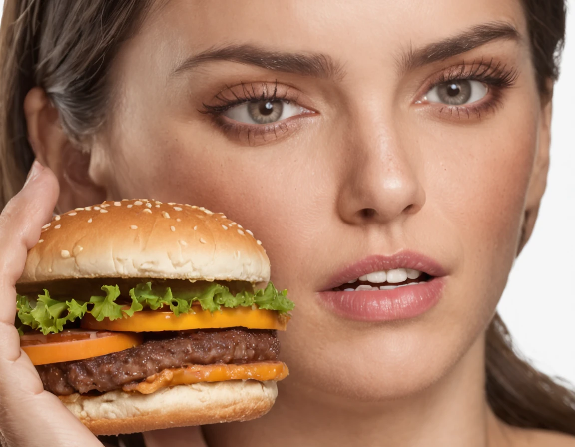 Por favor, crie uma imagem que retrate uma cena em um quarto bem iluminado. Nessa cena, uma mulher extremamente obesa, com cerca de 200 quilos, is holding with extreme surprise a giant burger, noticeably larger than his head. His mouth is open and his hands cover his face, Keeping the shocked expression on his face. She displays a remarkable expression of surprise, com olhos arregalados e sobrancelhas franzidas. A imagem deve ser de alta qualidade (8K) to capture every detail and achieve a significant level of artistic quality (score of 1.2). The desired representation should be realistic and photo-realistic (score of 1.37), emphasizing the details of the woman's facial expression and the extraordinary size of the burger.
