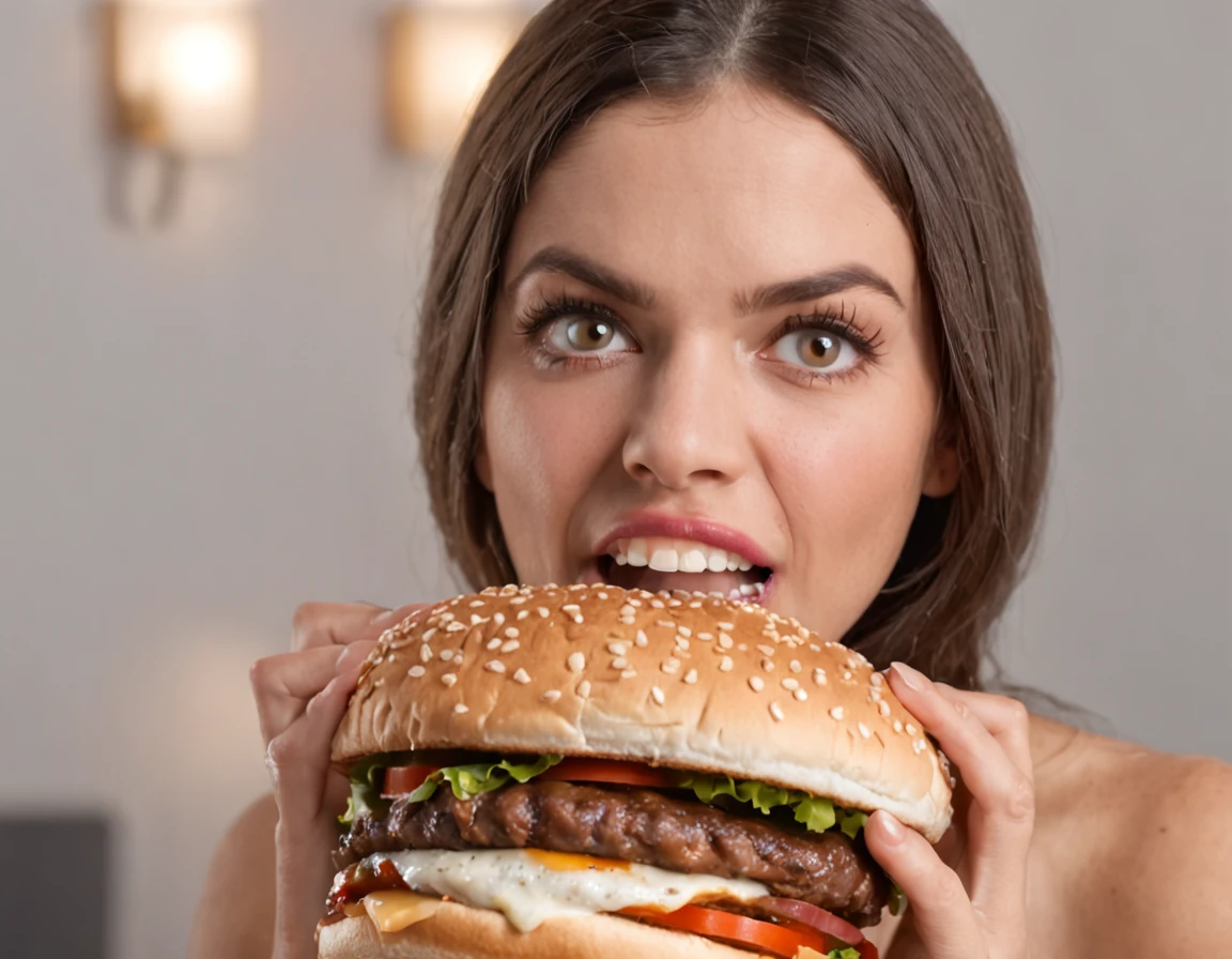Por favor, crie uma imagem que retrate uma cena em um quarto bem iluminado. Nessa cena, uma mulher extremamente obesa, com cerca de 200 quilos, is holding with extreme surprise a giant burger, noticeably larger than his head. His mouth is open and his hands cover his face, Keeping the shocked expression on his face. She displays a remarkable expression of surprise, com olhos arregalados e sobrancelhas franzidas. A imagem deve ser de alta qualidade (8K) to capture every detail and achieve a significant level of artistic quality (score of 1.2). The desired representation should be realistic and photo-realistic (score of 1.37), emphasizing the details of the woman's facial expression and the extraordinary size of the burger.