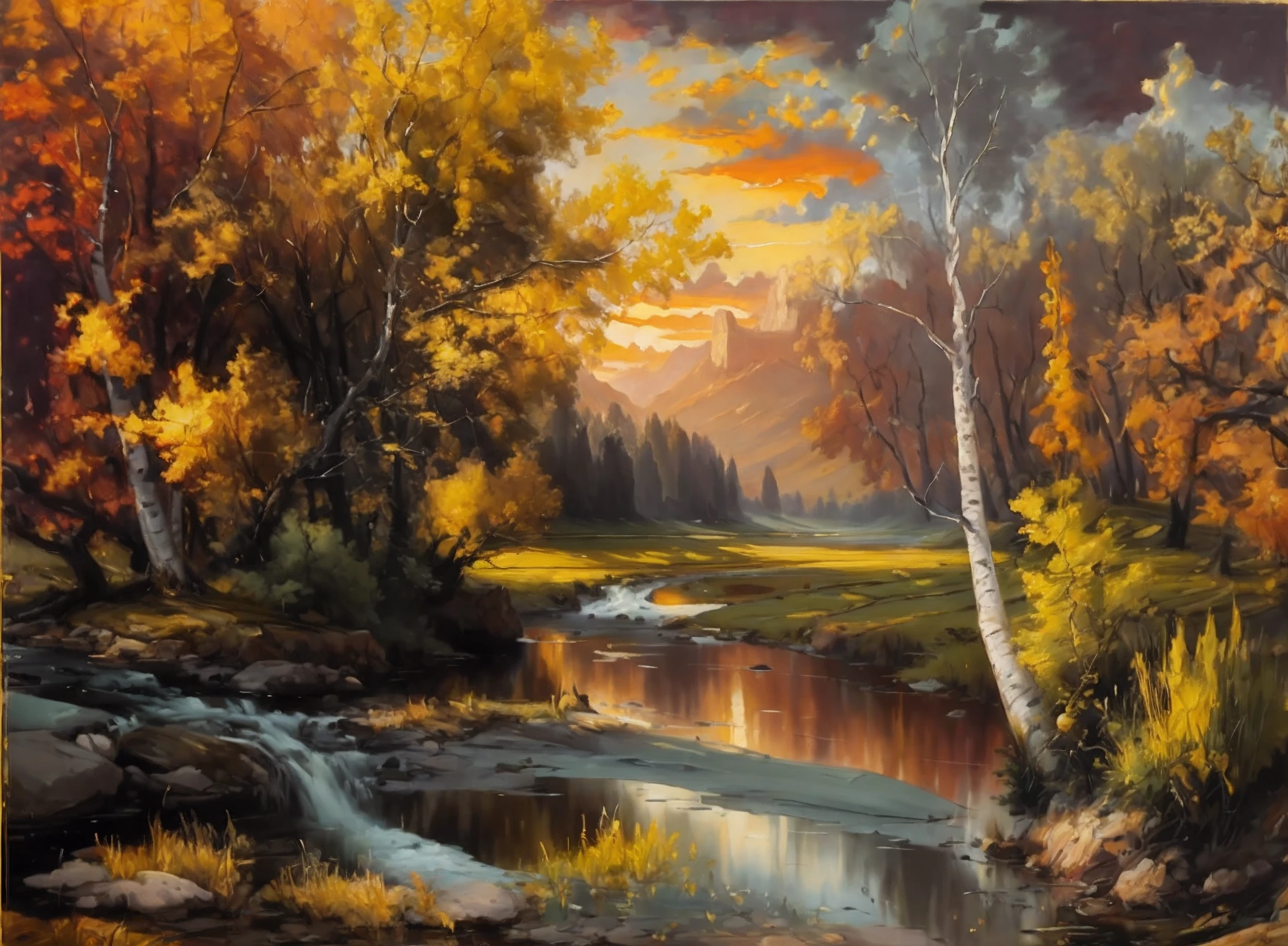 Sunset, painting of a river with a birch tree and a riverbank, lake scene, scenic landscape, in style of albert bierstadt, inspired by Thomas Moran, oil on canvas painting, by Milton Menasco, serene scene, landscape oil painting, tranquil scene, painted landscape, water landscape, oil painting on canvas, oil on canvas, serene landscape, 4 k oil painting